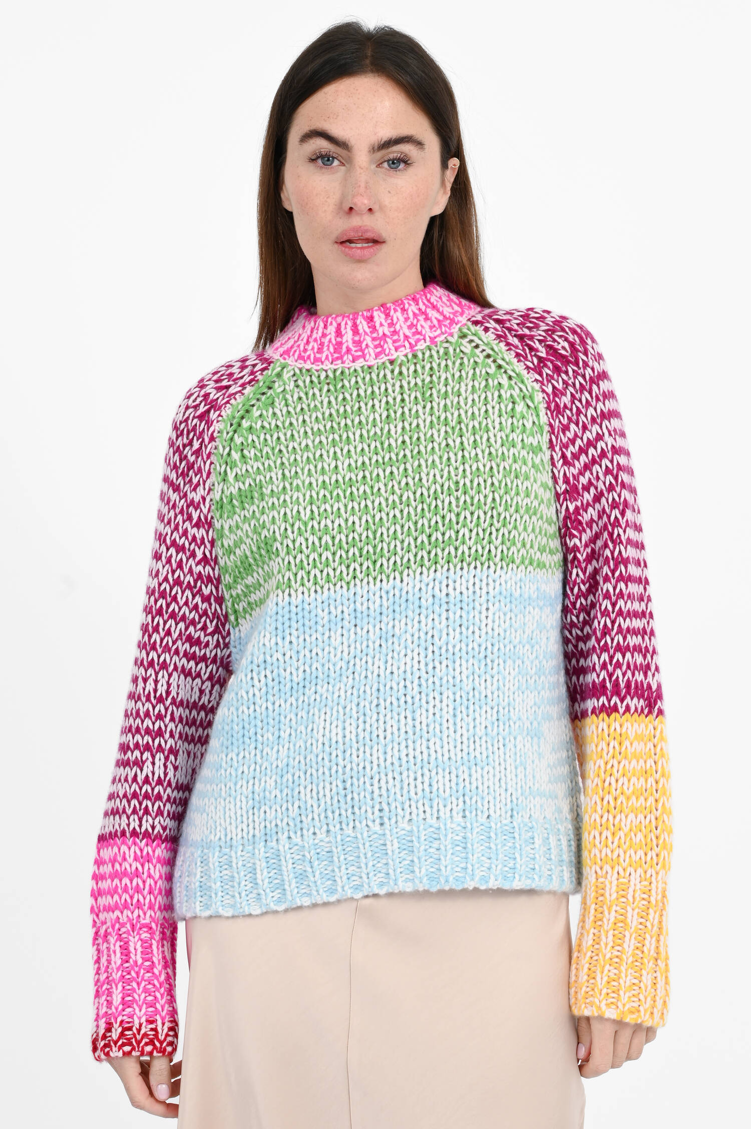 Cashmere-Strickpullover in Grün/Blau/Pink