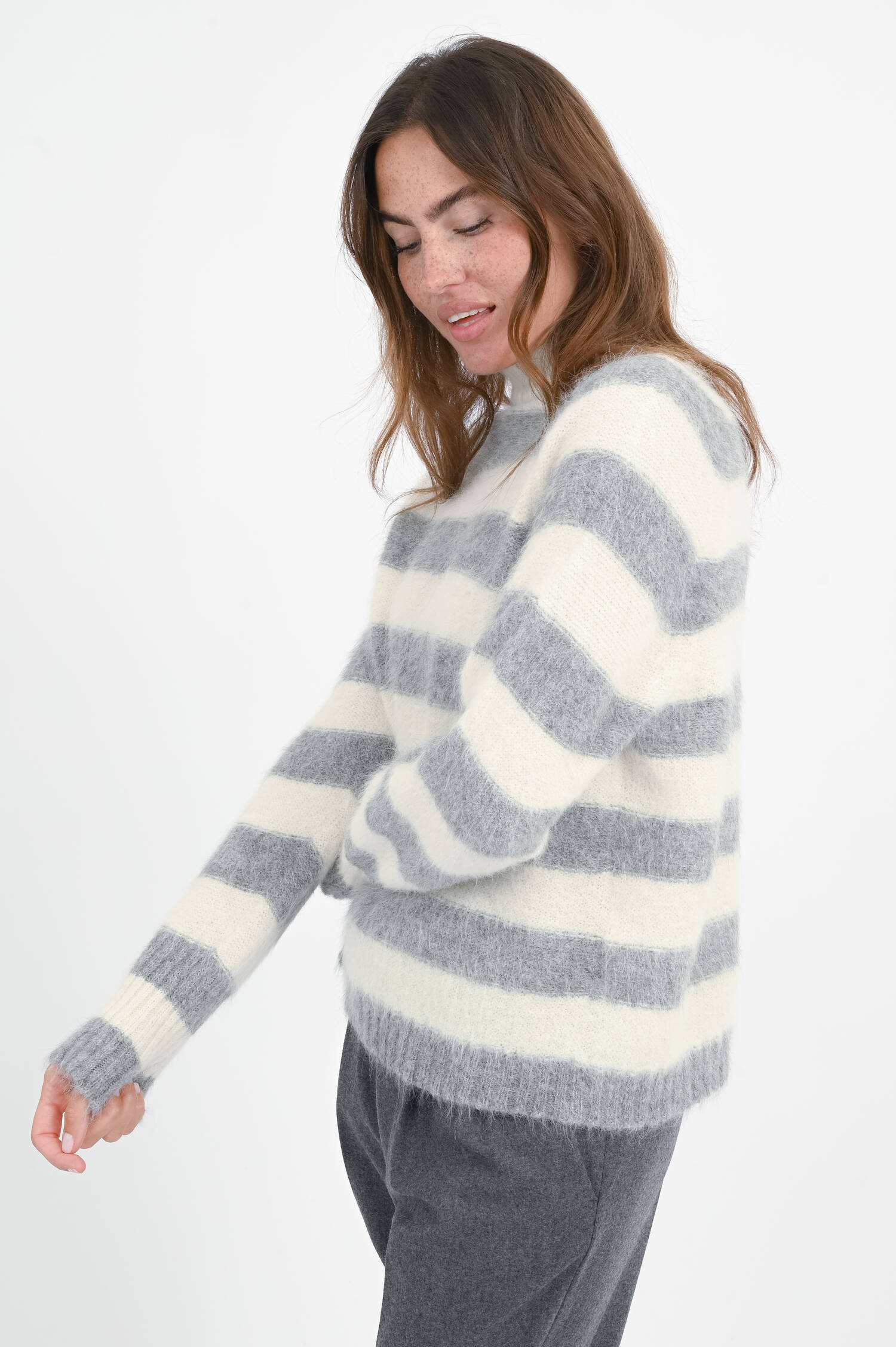 Alpaka Pullover mit Querstreifen in Natur/Grau