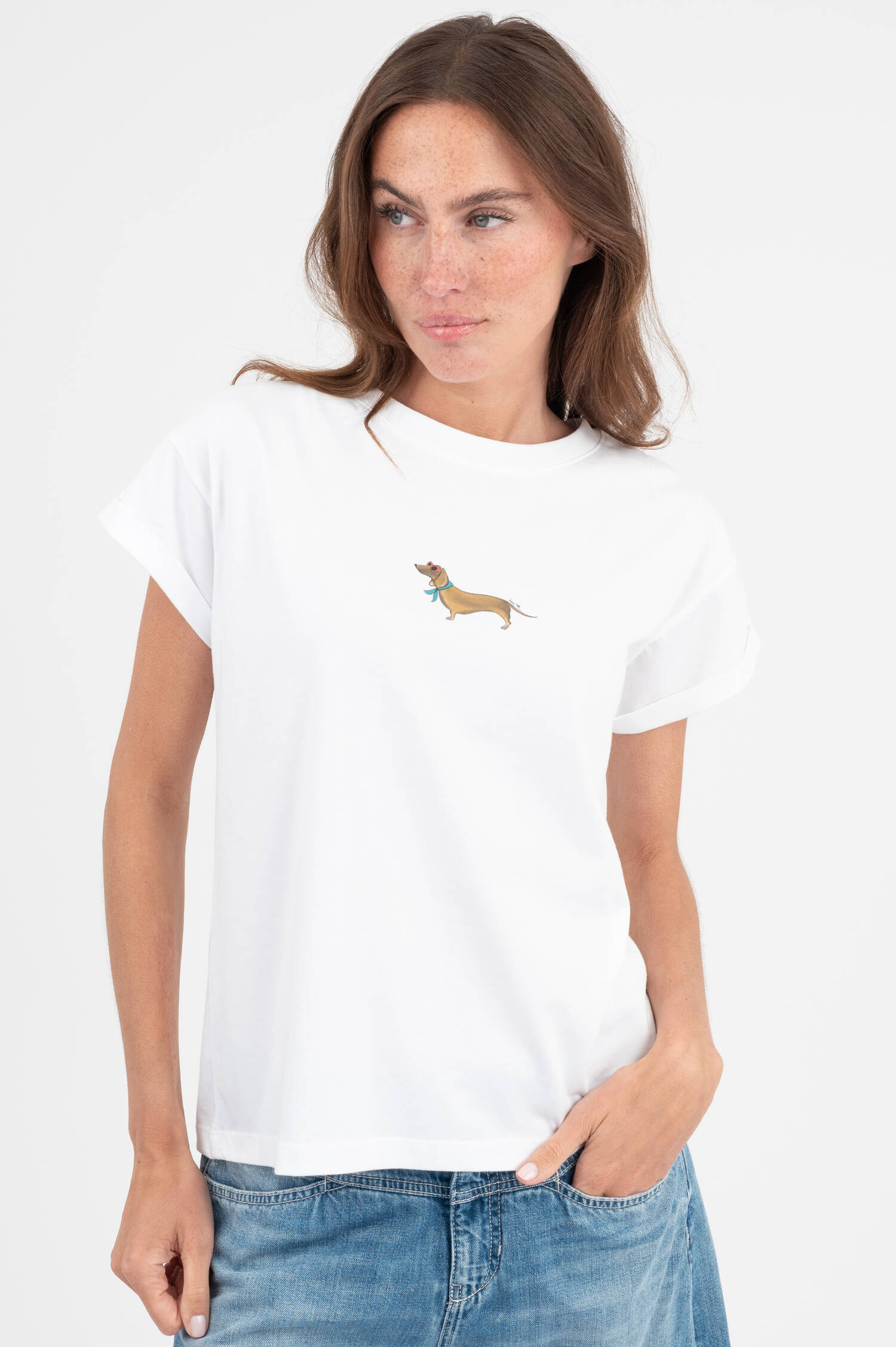 T-Shirt mit Dackel Illustration in Weiß
