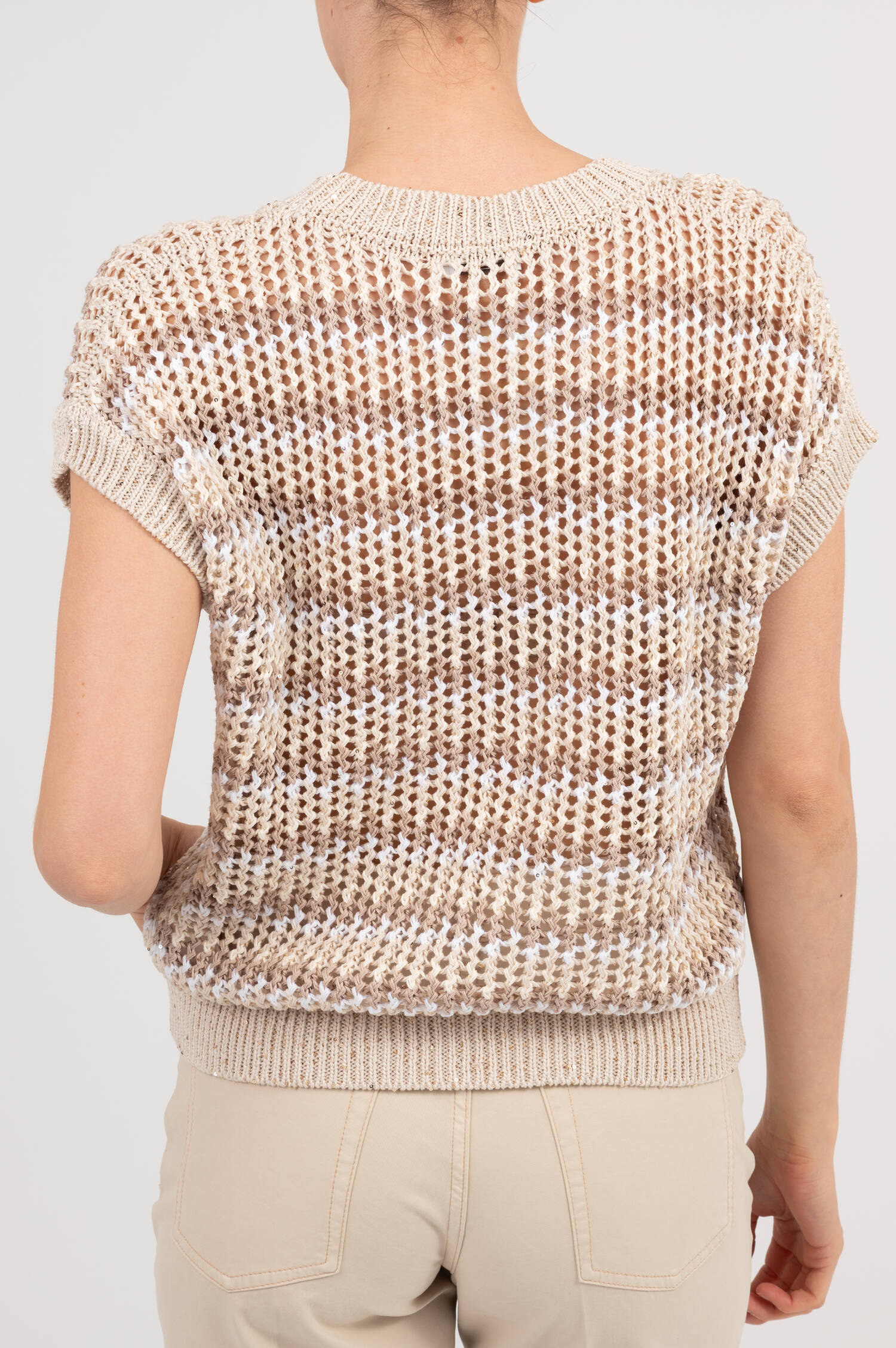 Lochstrick Pullover mit Pailletten in Beige