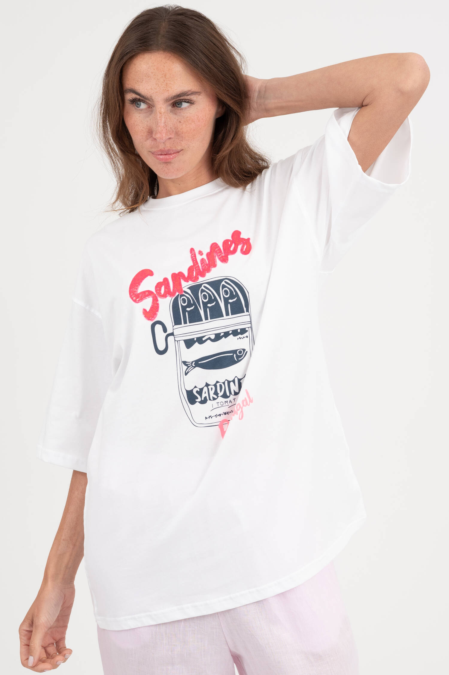 T-Shirt mit Pailetten in Weiß/Pink