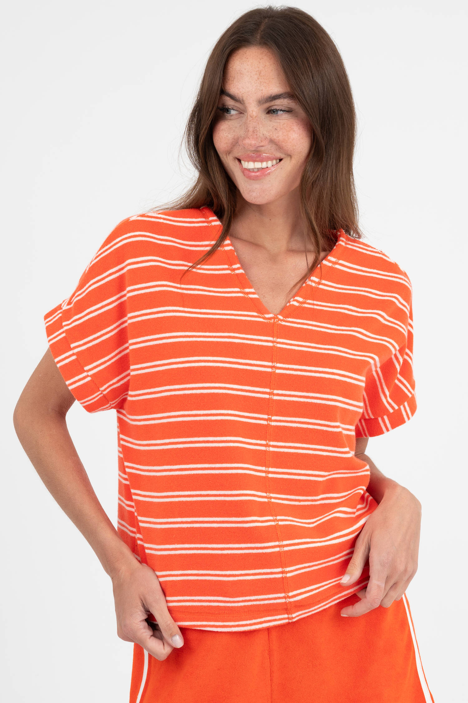 Frottee T-Shirt in Spicy Orange gestreift Frottee T-Shirt in Spicy Orange gestreift