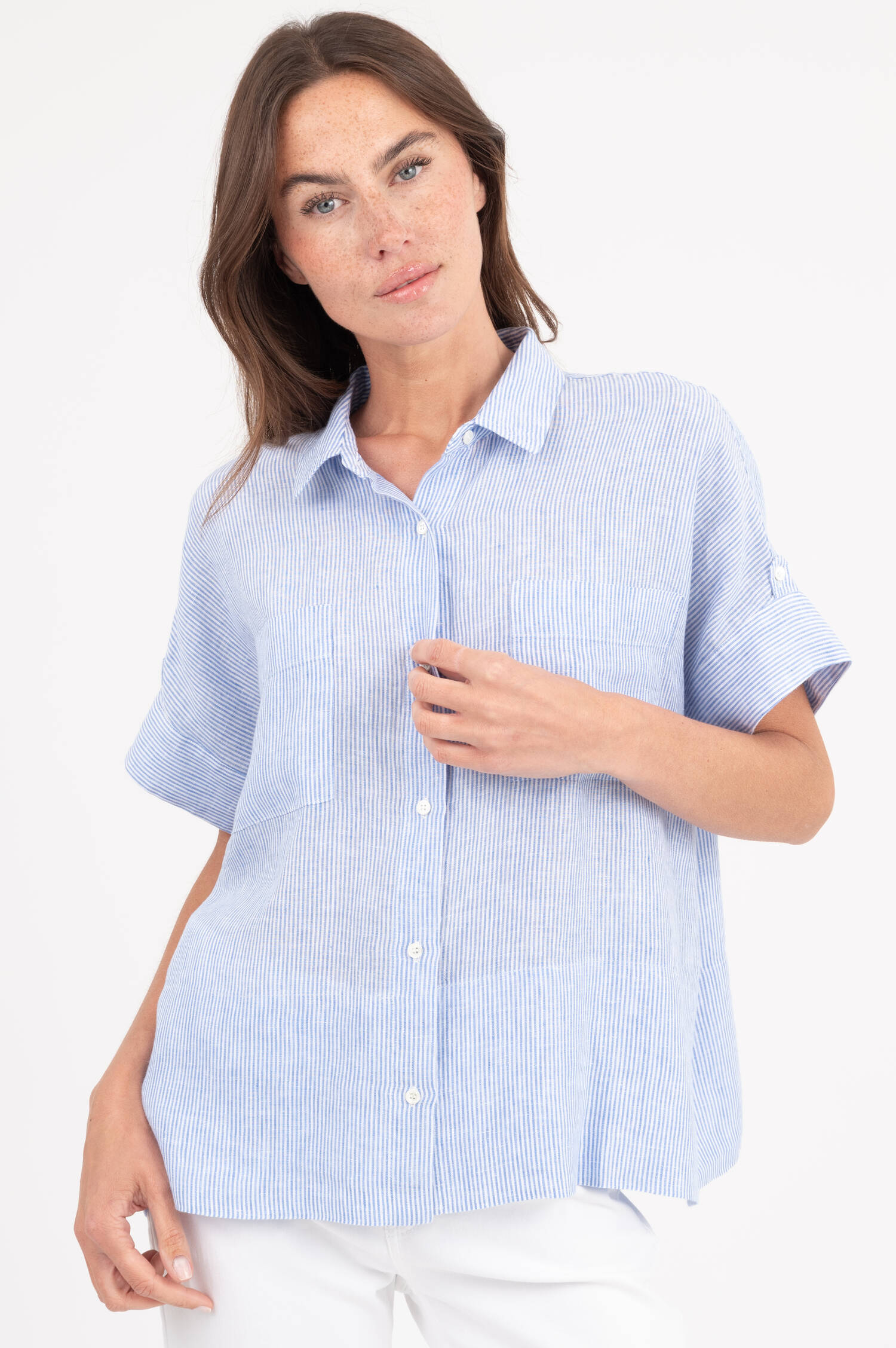 Oversize Leinenbluse in Blau/Weiß gestreift Oversize Leinenbluse in Blau/Weiß gestreift