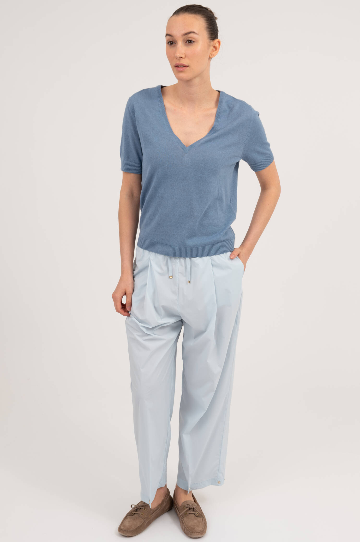 Feinstrick T-Shirt aus Leinenmix in Stoneblau