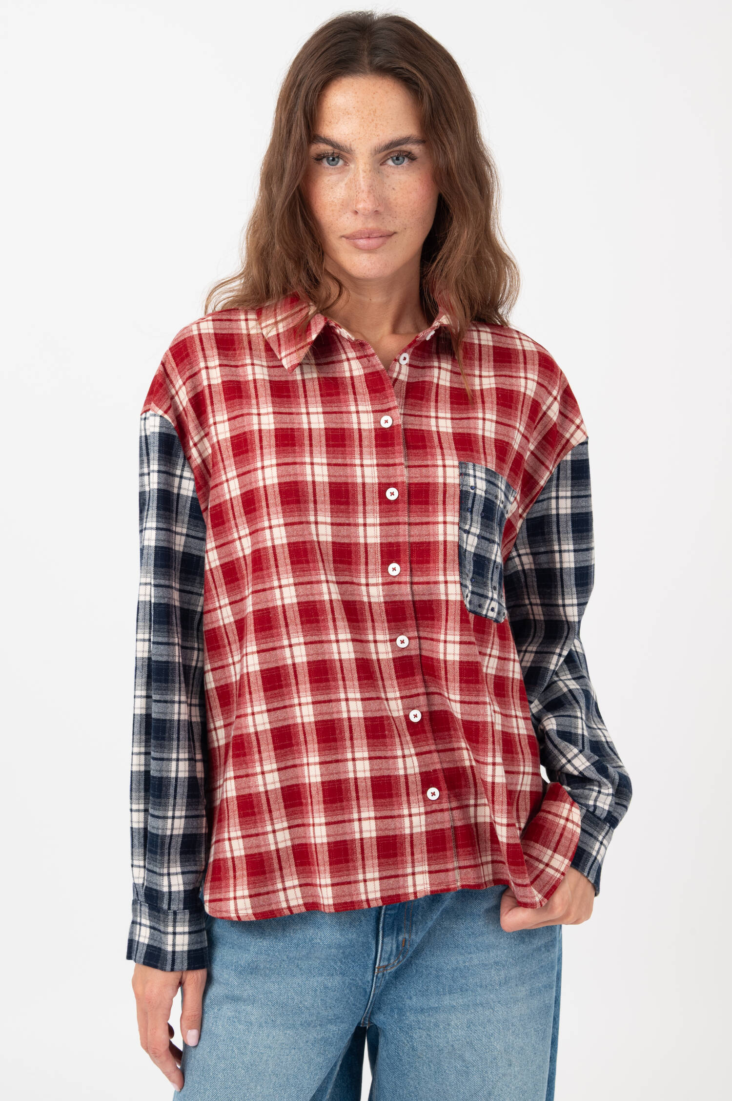 Flanell Bluse in Rot//Blau/Off-White
