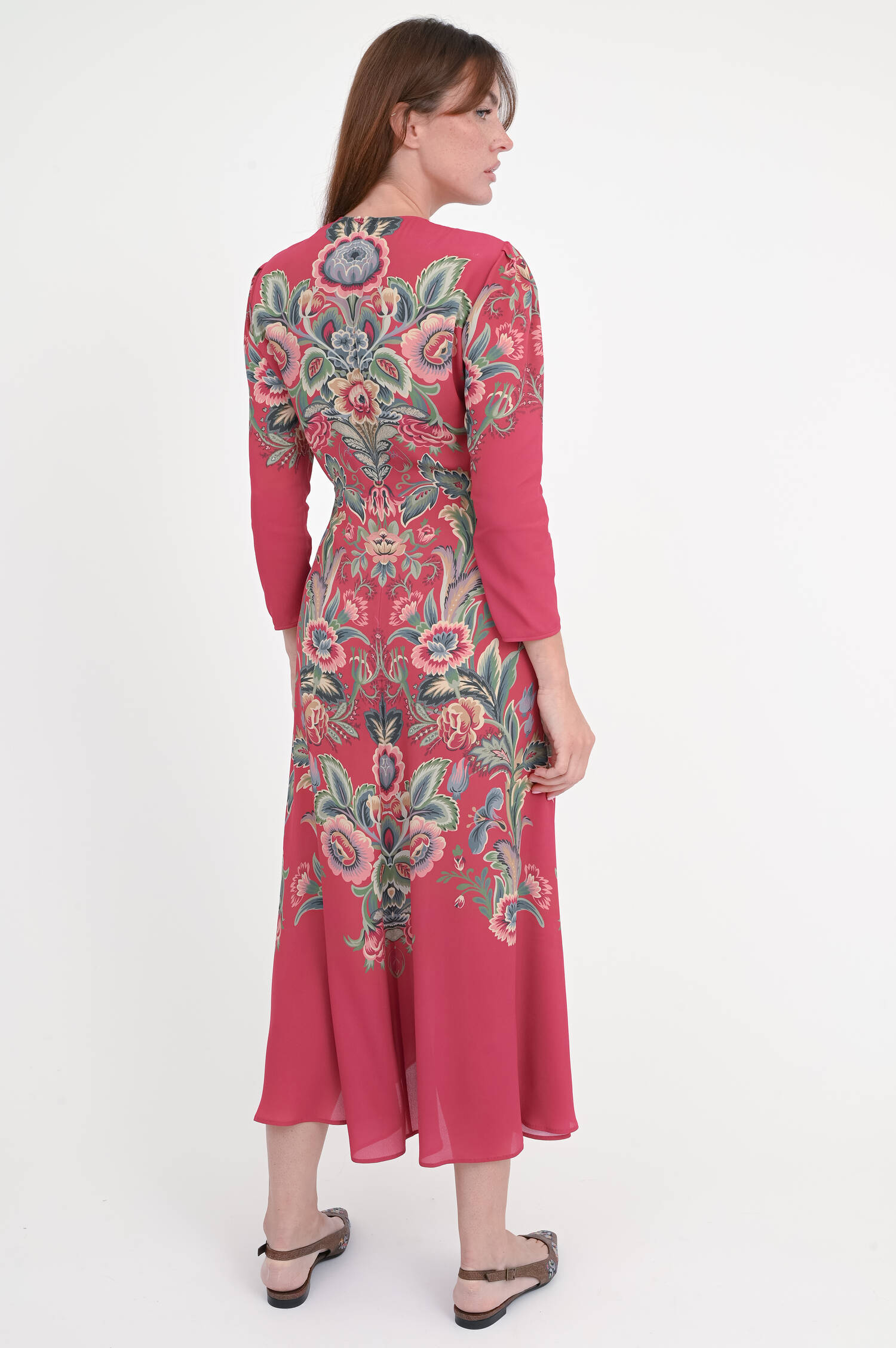 Gemustertes Midi-Kleid in Dunkelrot/Multicolor 