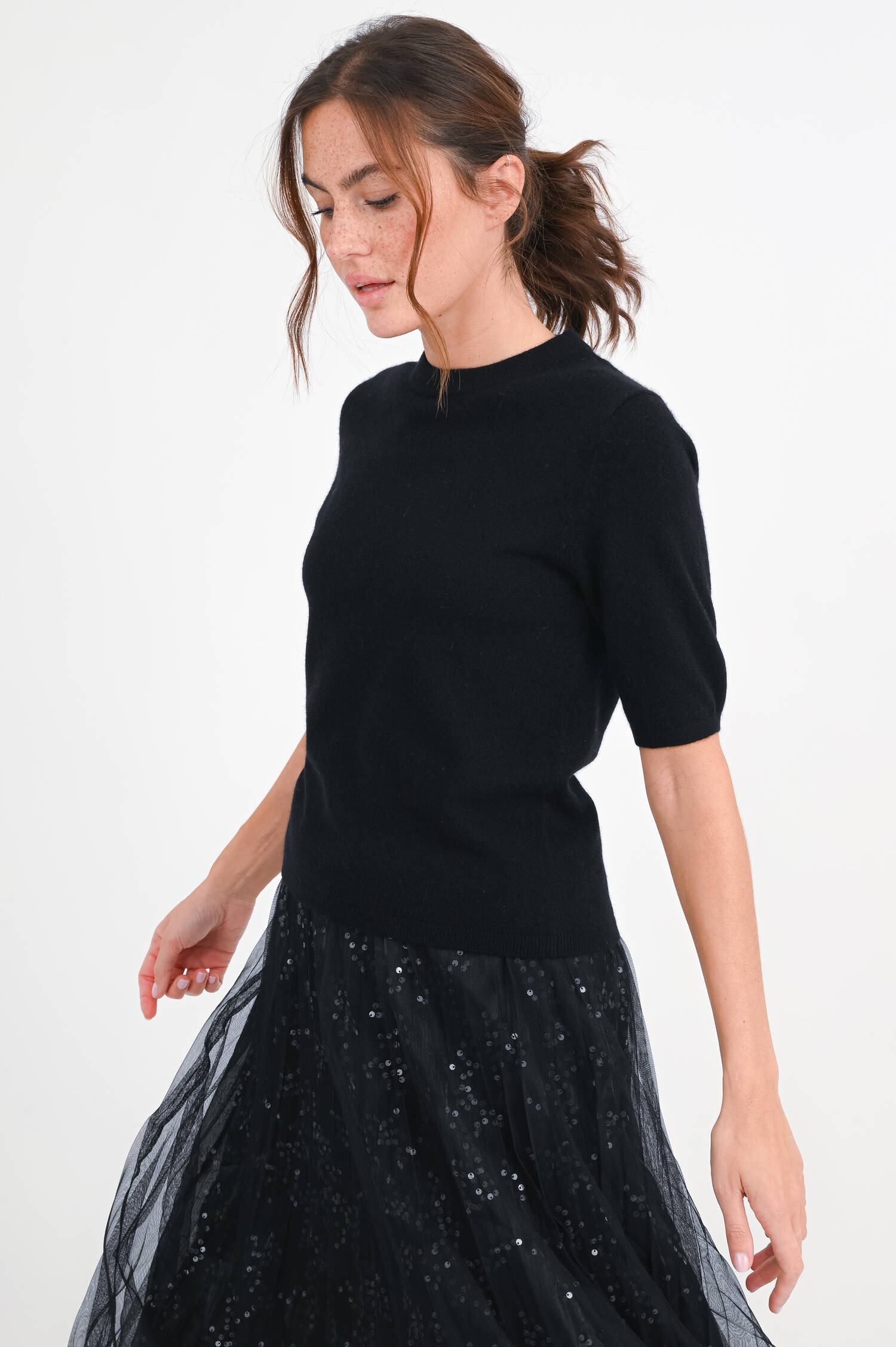 Kurzarm-Cashmere-Pullover in Schwarz