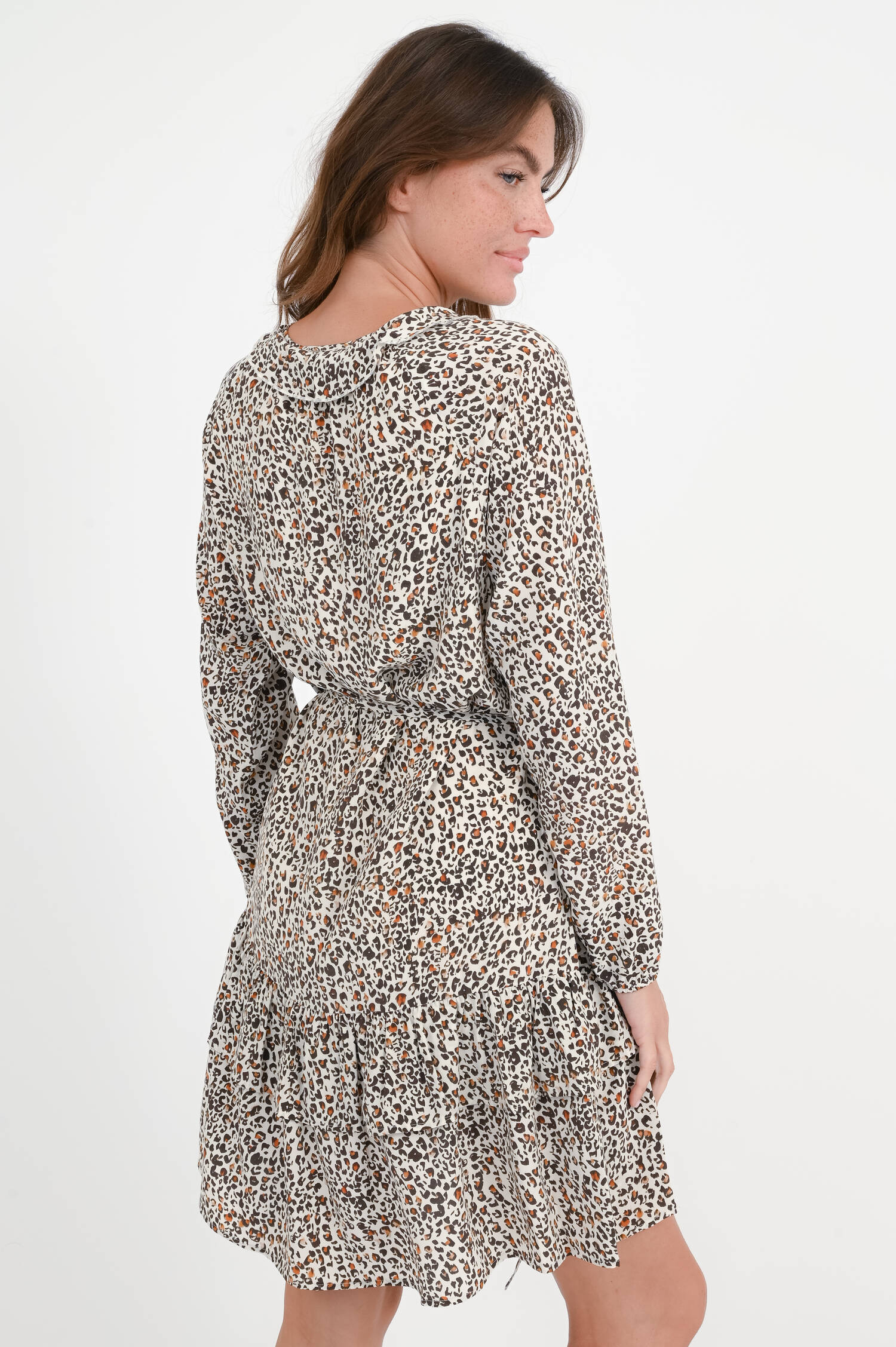Kleid mit Leo-Print und Rüschen in Weiß/Braun