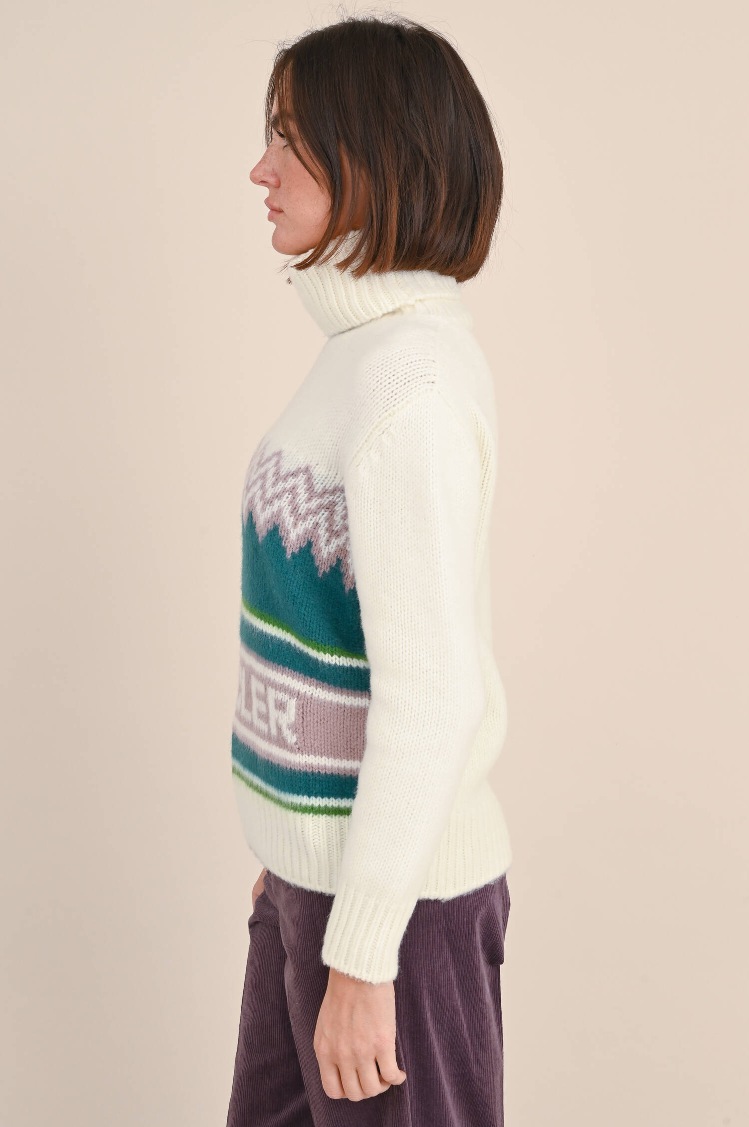 Rollkragenpullover mit Logo aus Wolle in Natur