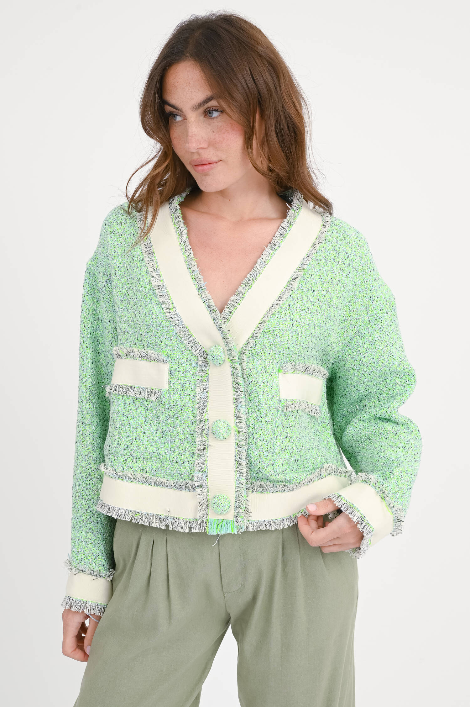 Jacke in Tweed-Bouclé-Optik in Hellblau/Lime