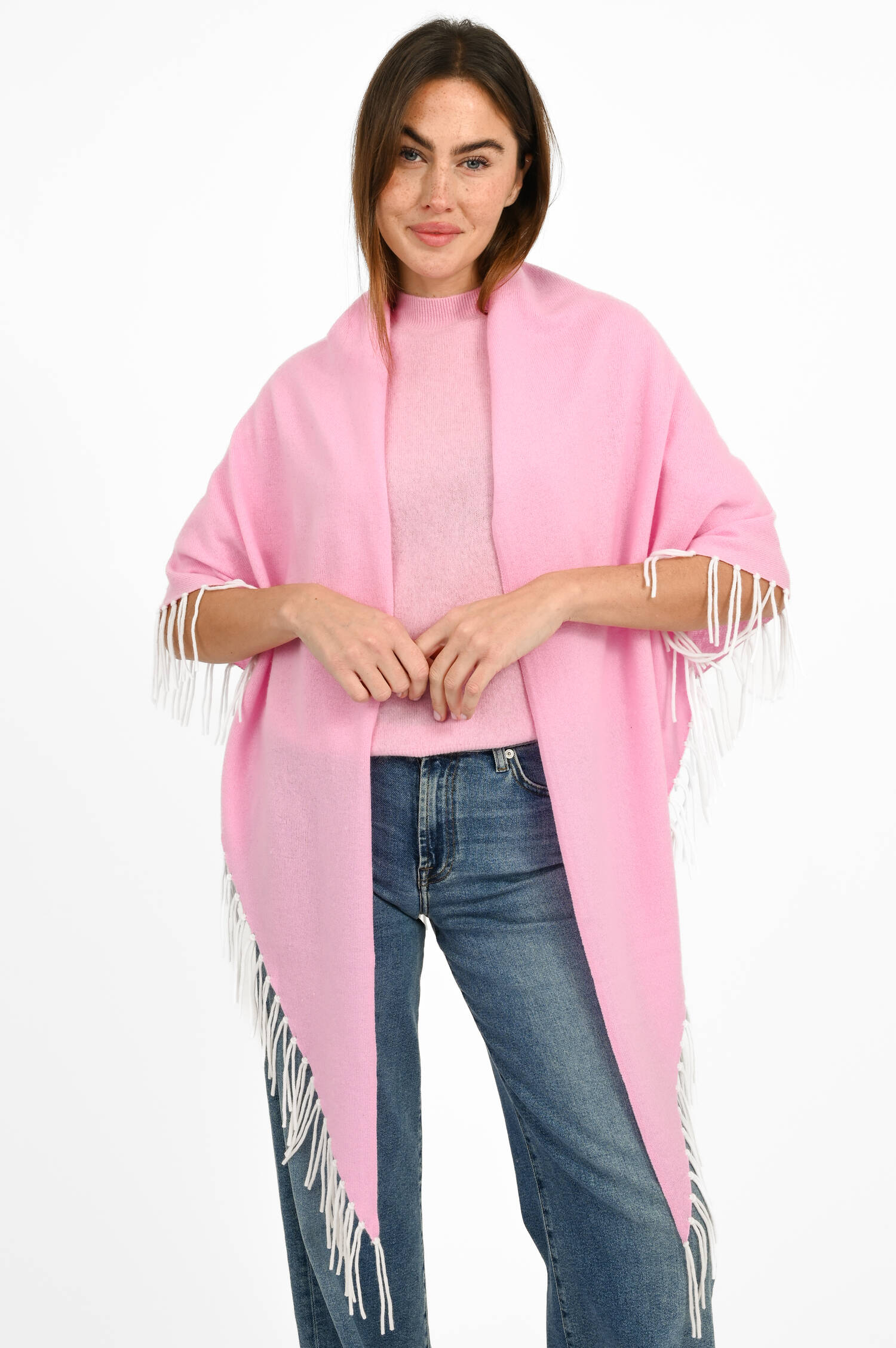 Dreieckstuch mit Fransen in Weiß/Pink