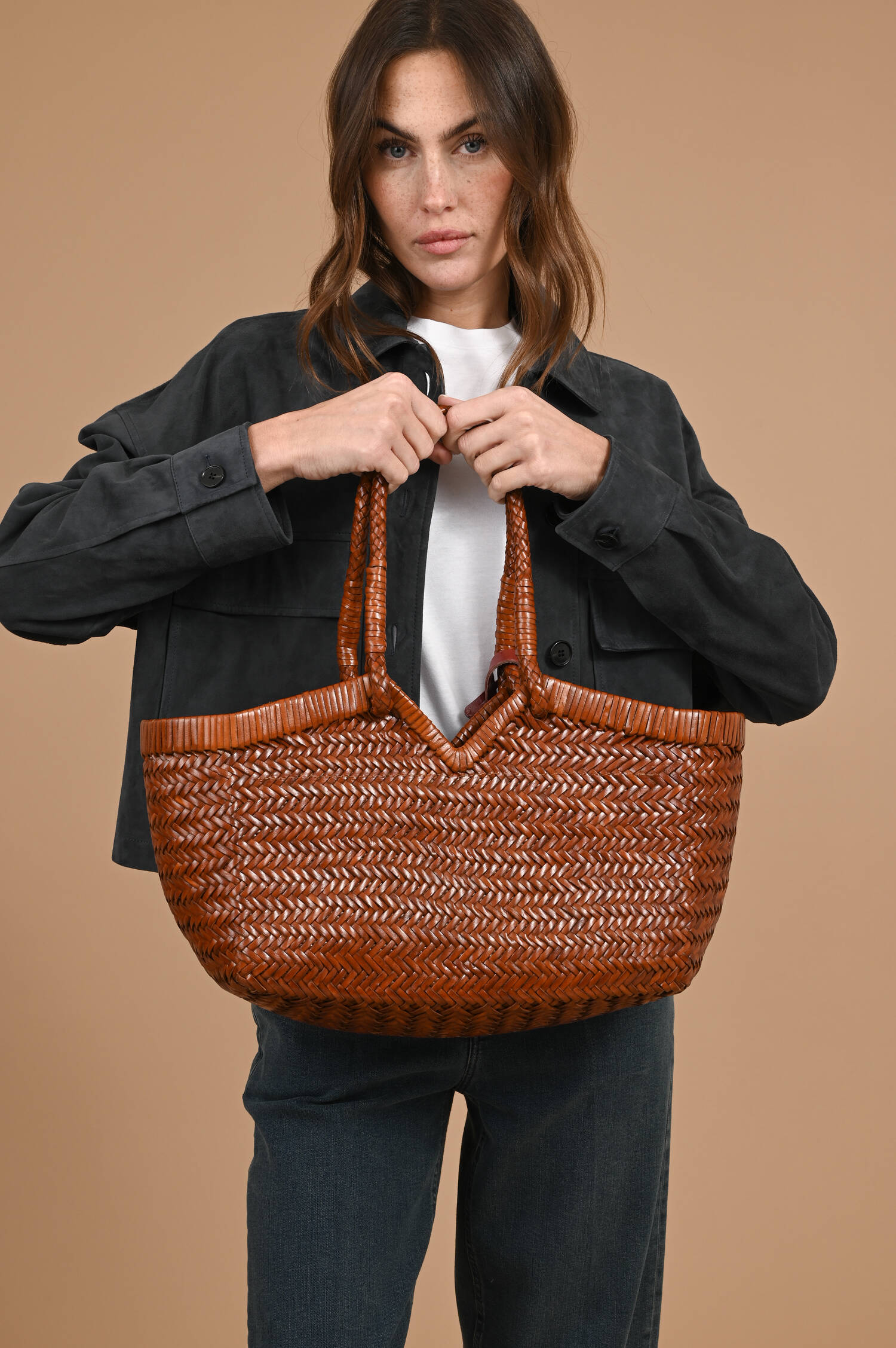 Leder Flecht Tote Bag CRUDELIA in Cognacbraun