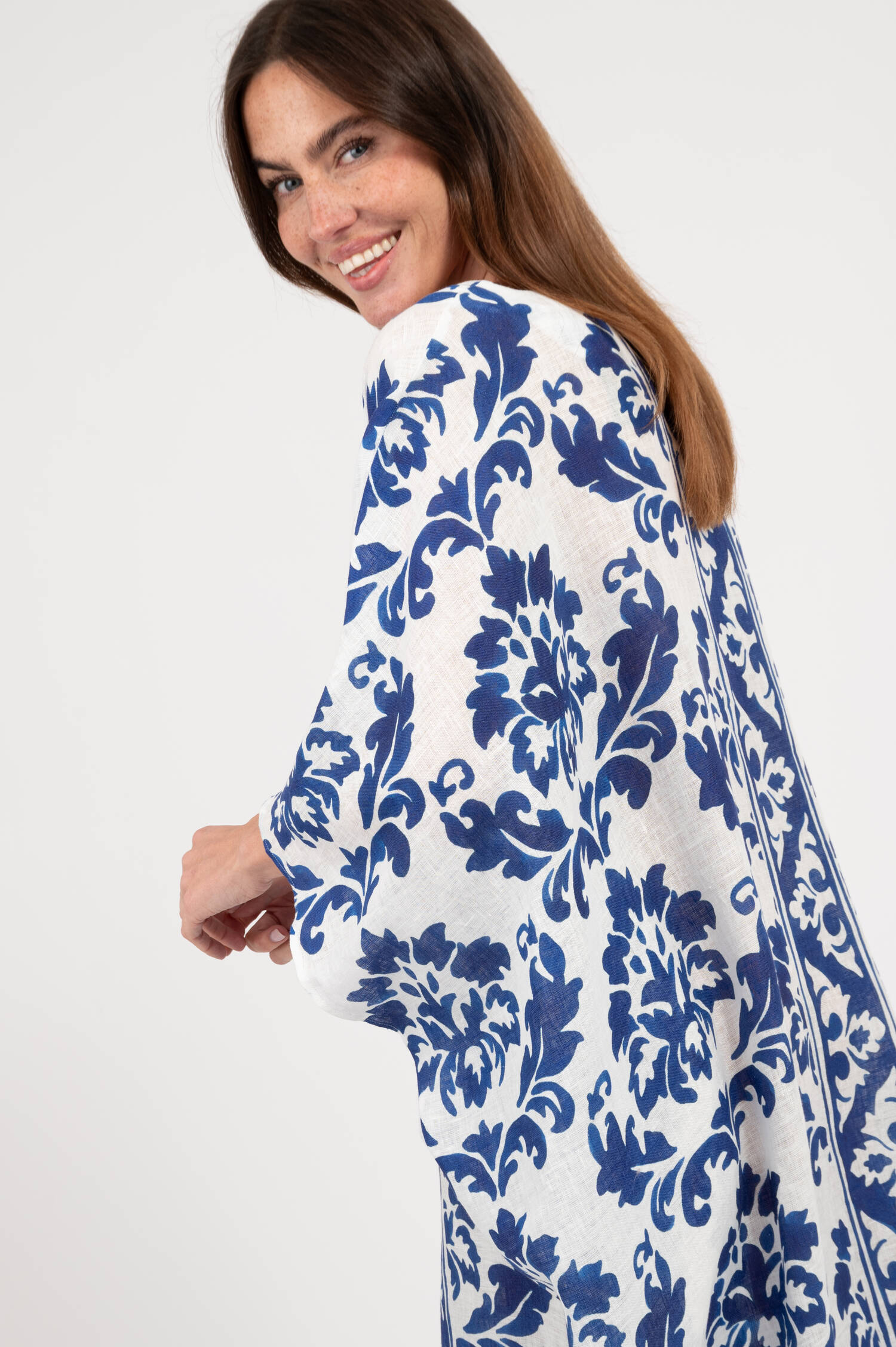 Leinen Tunika mit Print in Weiß/Blau