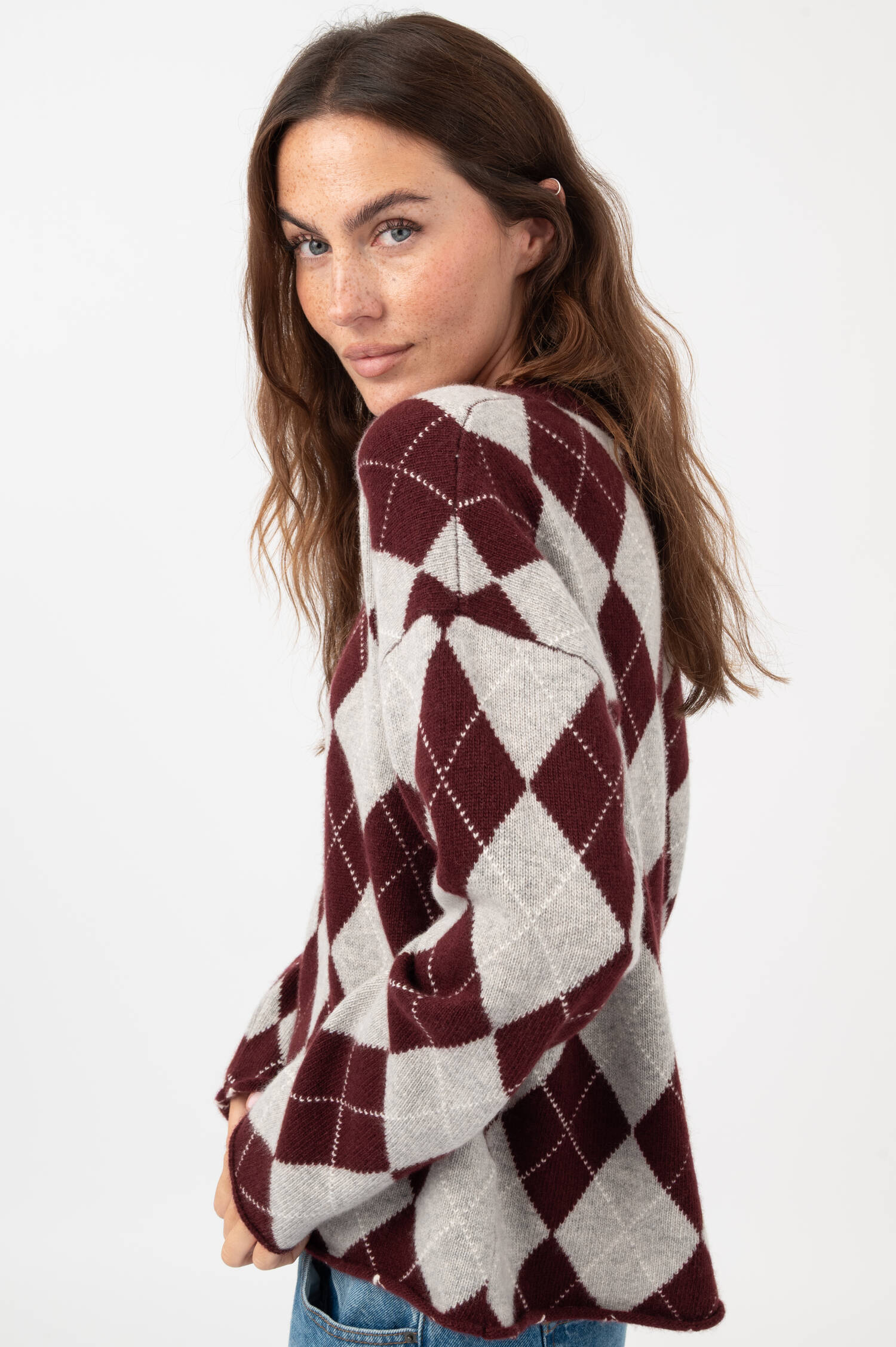 Rauten Woll-Pullover in Bordeaux/Grau