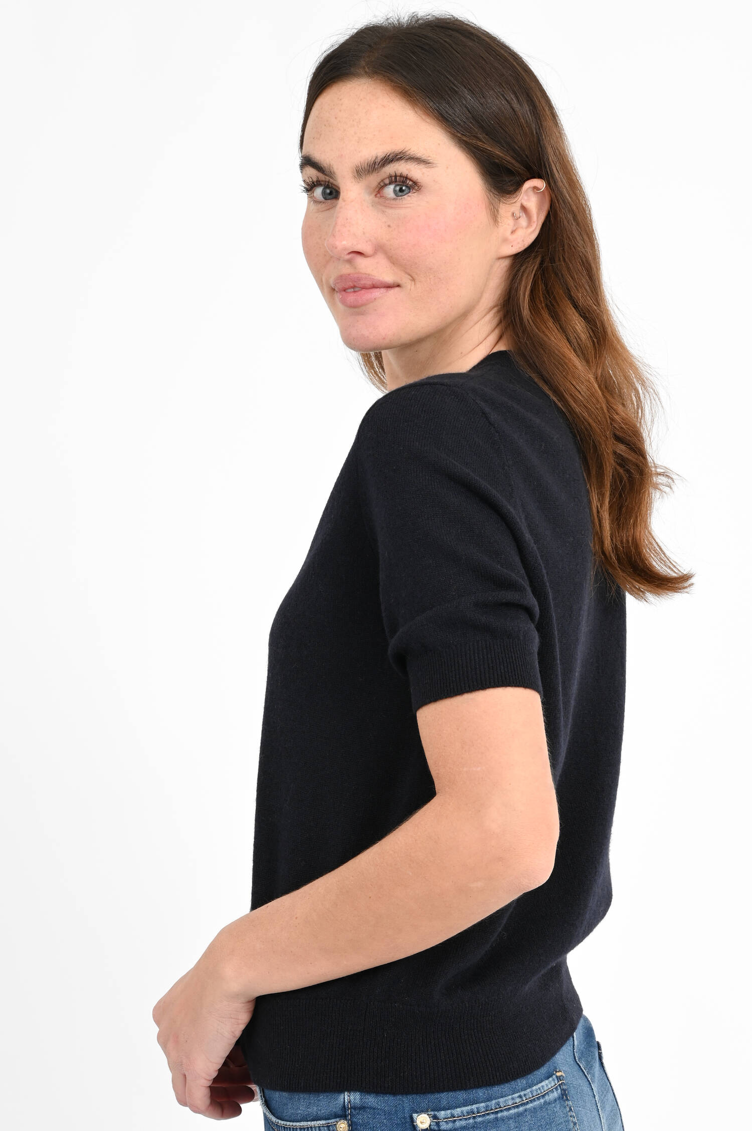 Kurzarm-Strickjacke aus Cashmere in Deep Navy Kurzarm-Strickjacke aus Cashmere in Deep Navy