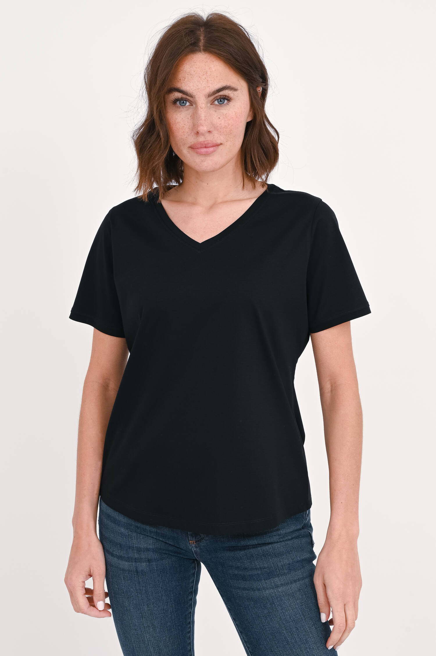 Baumwoll-Shirt mit V-Ausschnitt in Schwarz