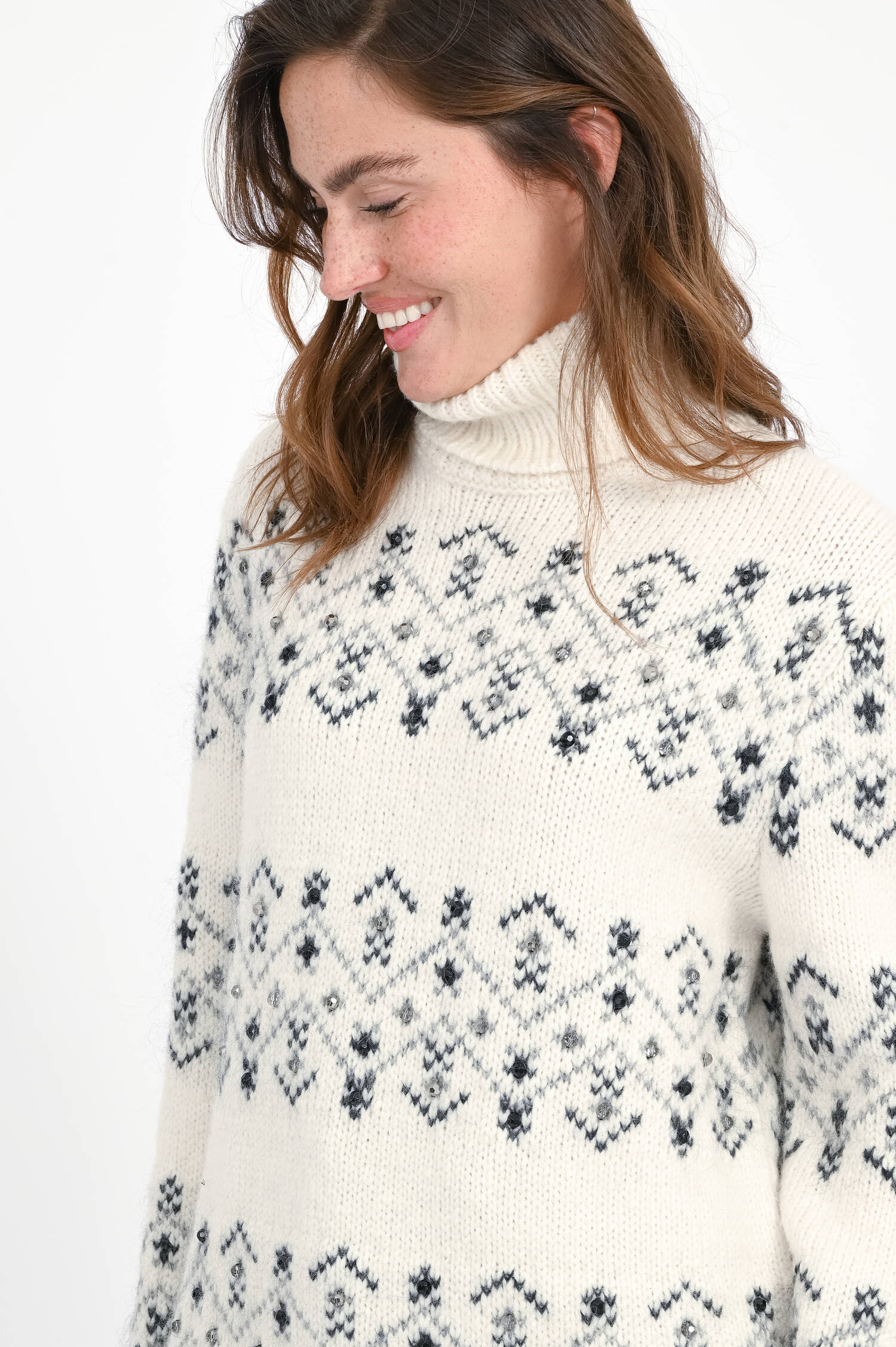 Norweger-Pullover mit Strasssteinen in Weiß/Grau