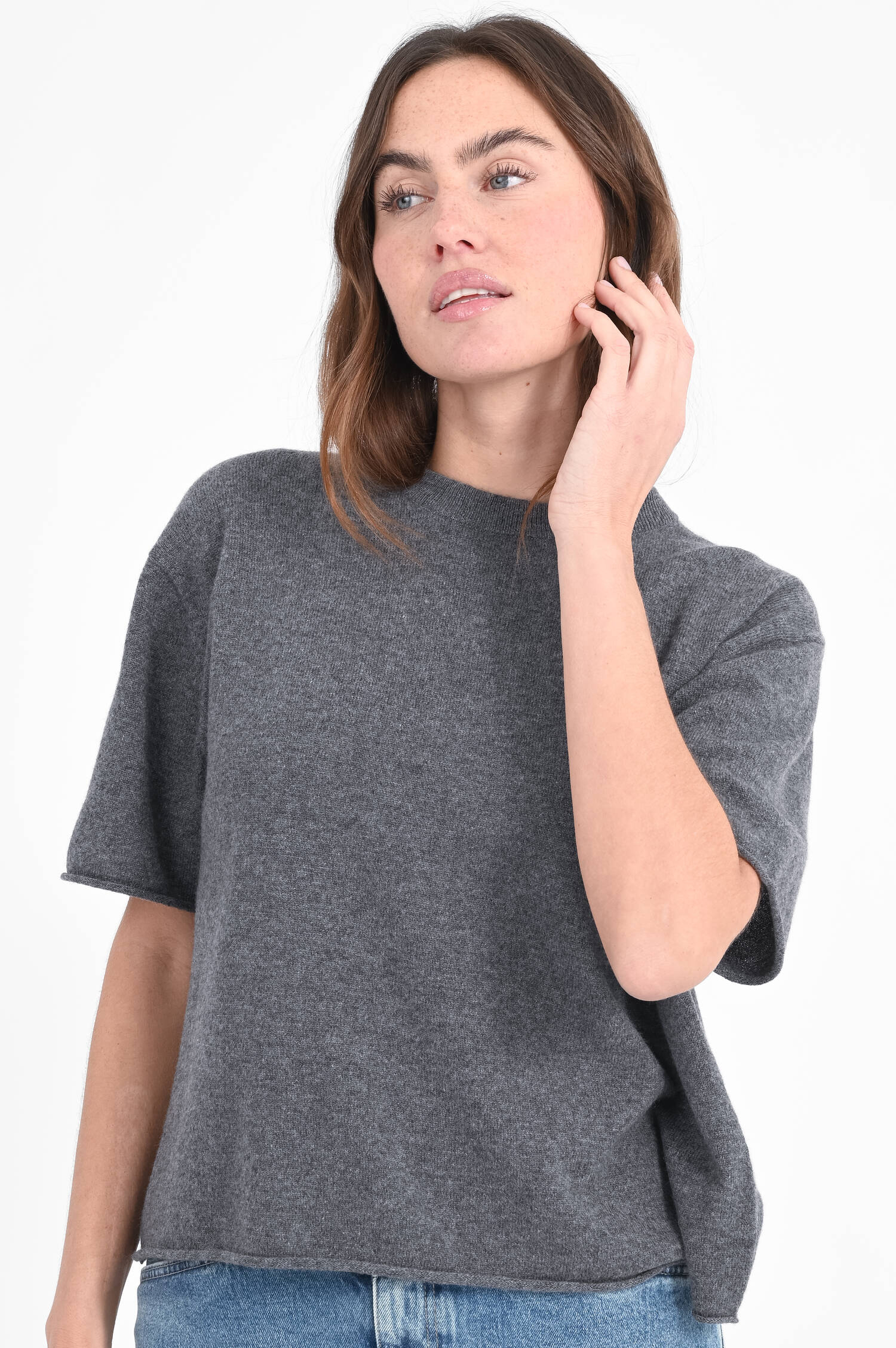 Kurzarm Cashmere Shirt CILA in Anthrazit