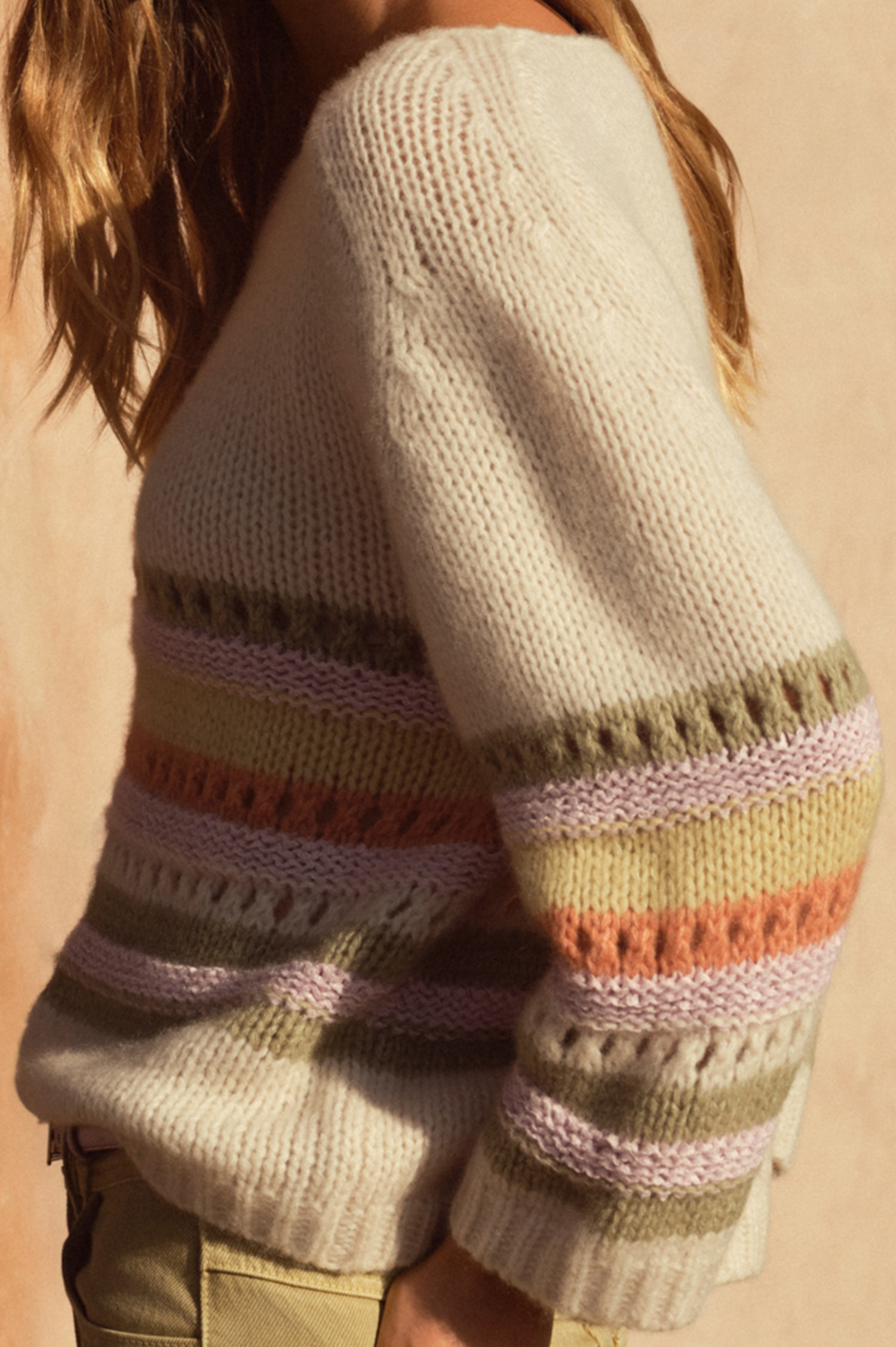 Grobstrick Pullover mit Streifenstrick in Beige