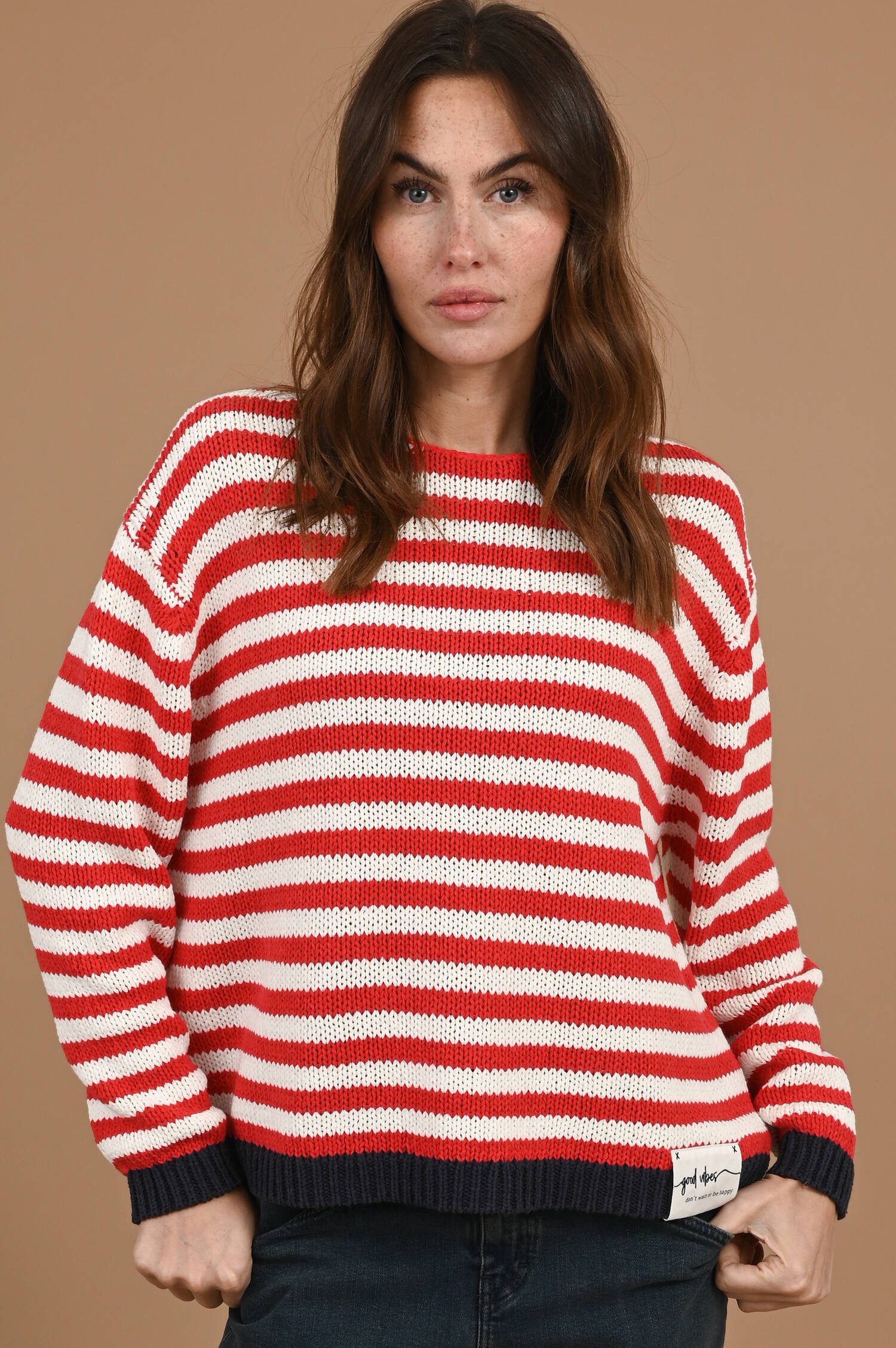 Grobstrick Sweater in Rot/Ecru gestreift
