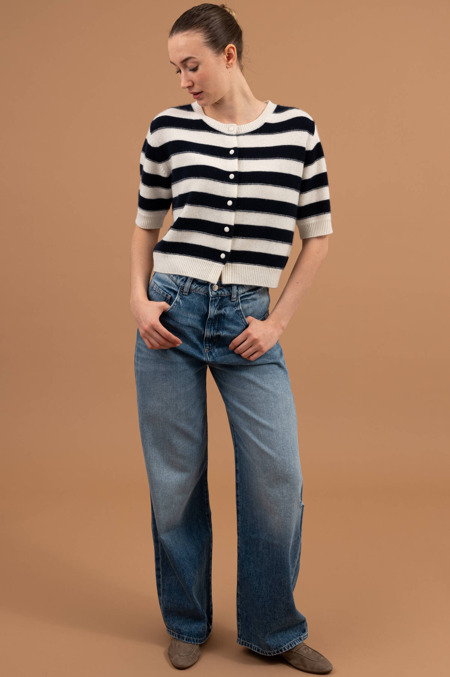 Cashmere Strickweste in Ecru/Navy Blau