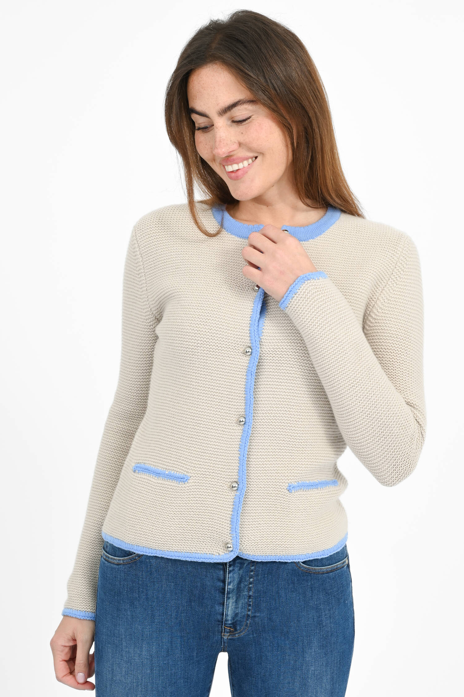 Woll-Strickjacke in Beige/Blau