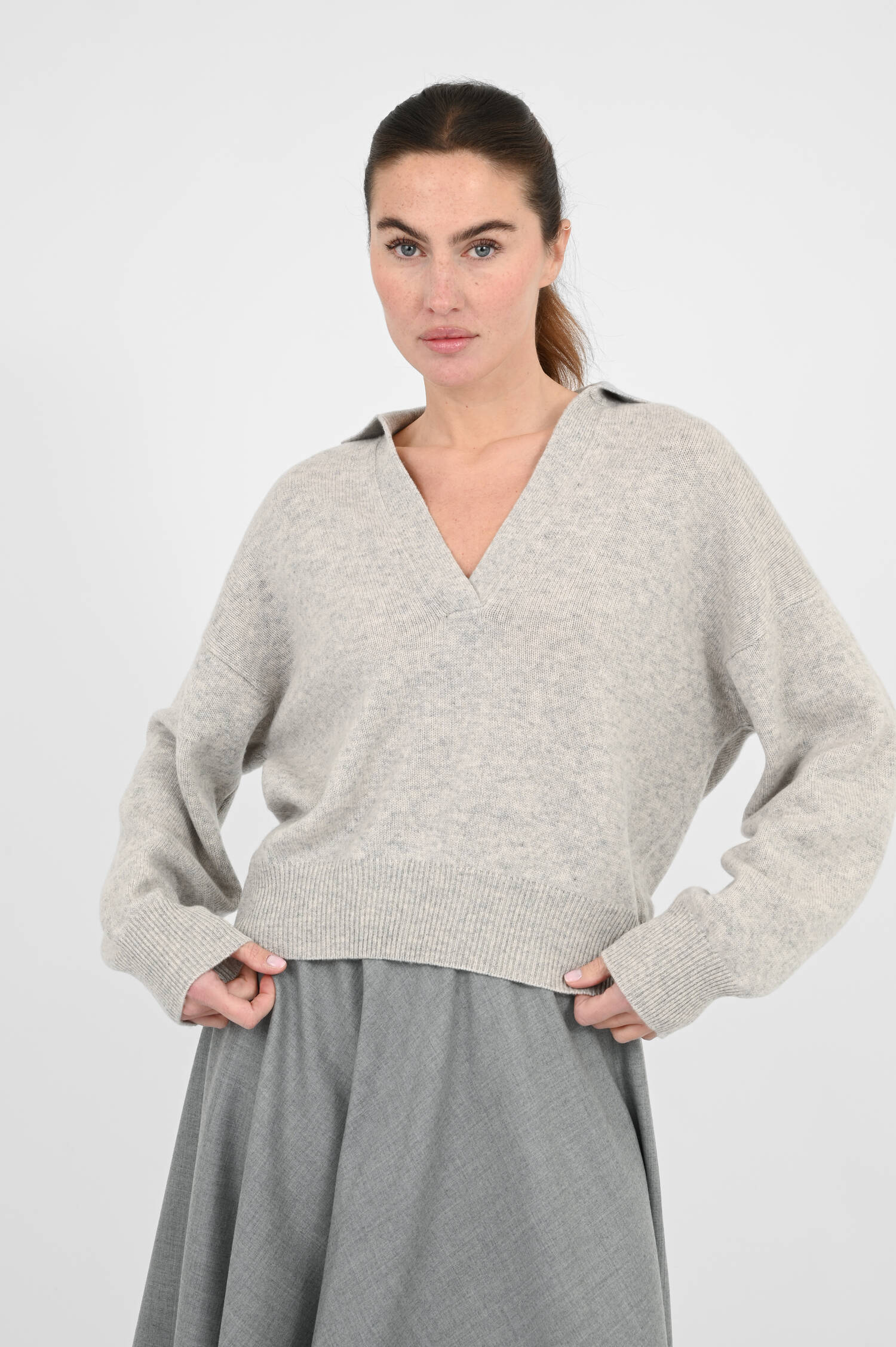 Cashmere-Pullover mit Hemdkragen Grau meliert