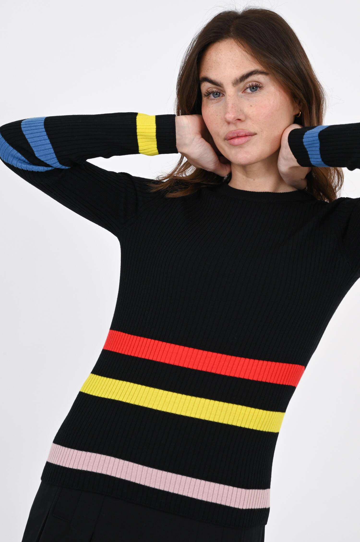 Woll-Longsleeve in Black/Multicolor gestreift