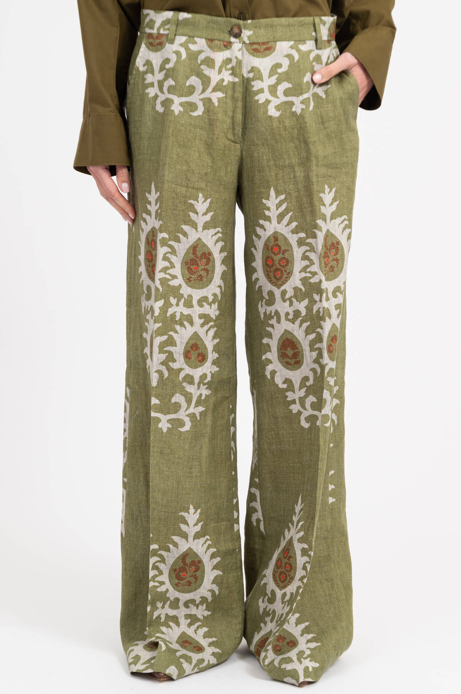 Leinenhose mit Print in Olivgrün