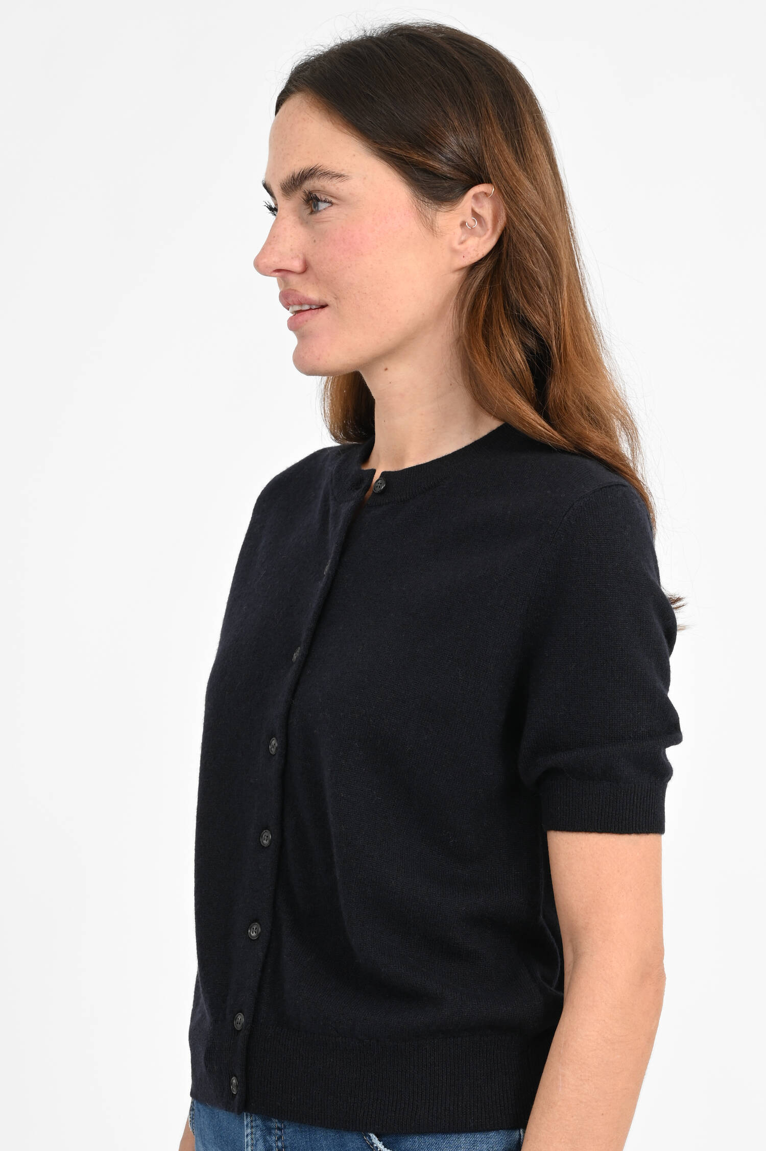 Kurzarm-Strickjacke aus Cashmere in Deep Navy Kurzarm-Strickjacke aus Cashmere in Deep Navy