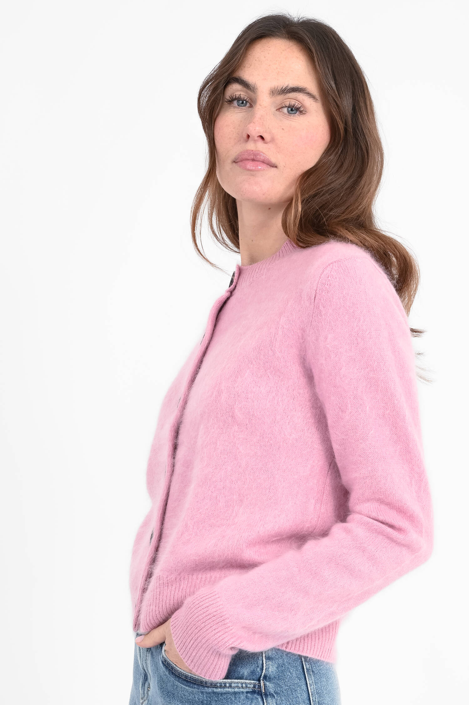 Cashmere-Cardigan mit Hairy-Optik in Rosa
