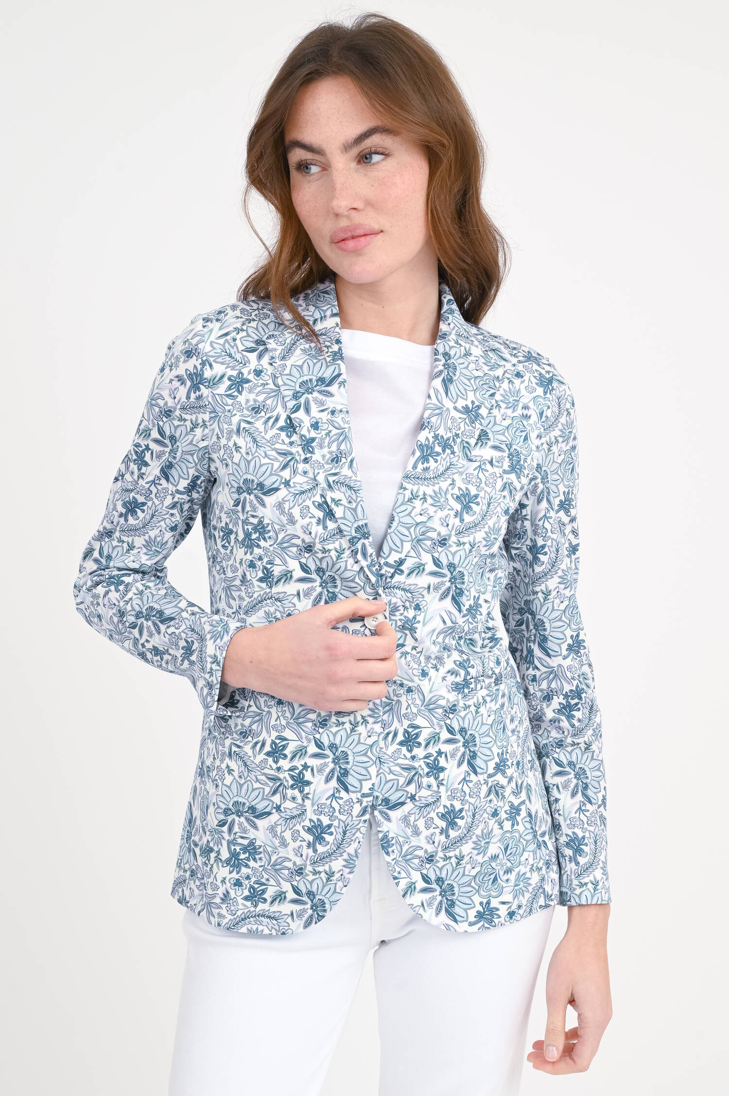 Einreihiger Blumenblazer in Blau/Lila/Weiß