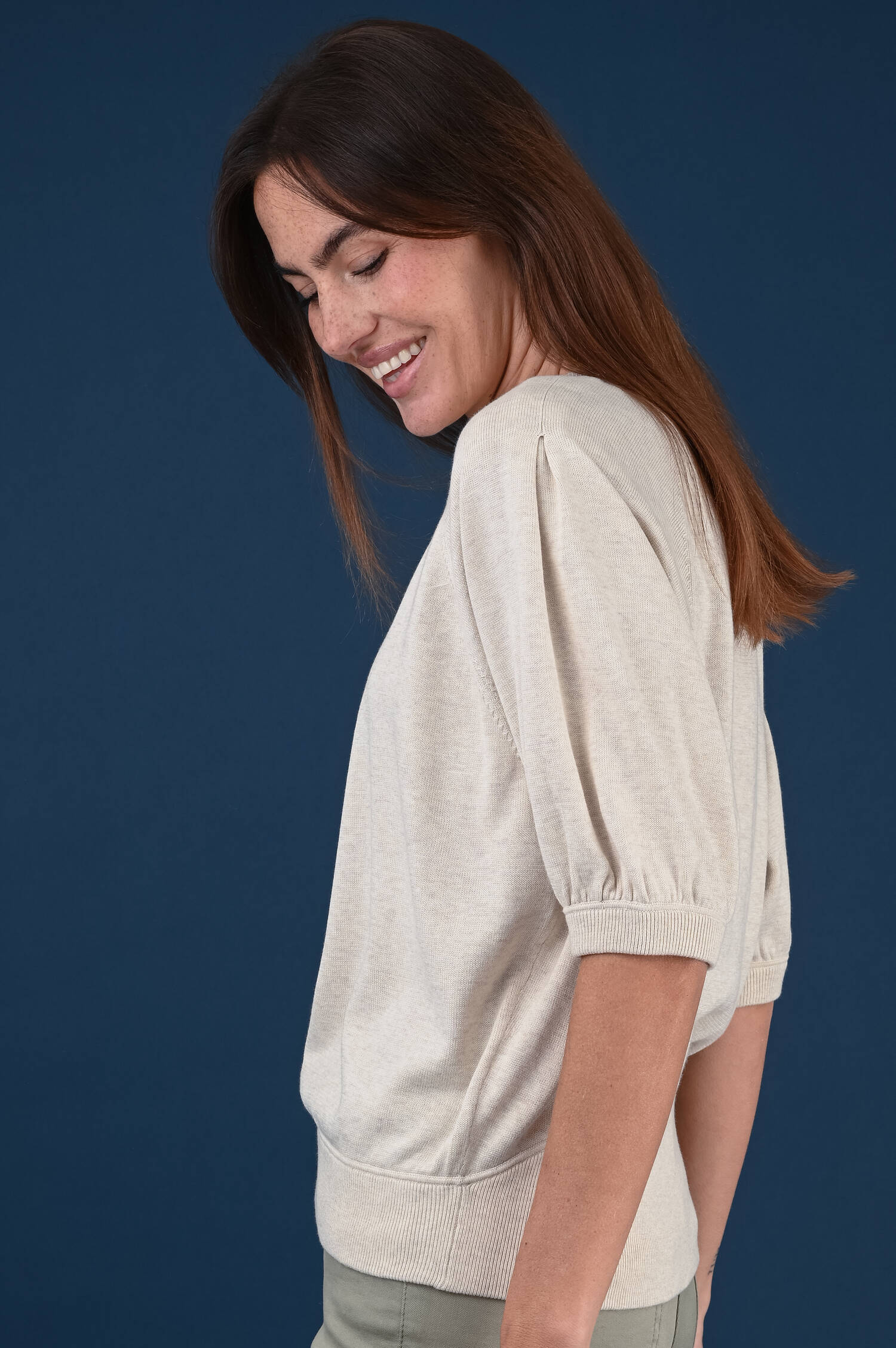 Pullover mit halblangen Puffärmel Ivorybeige