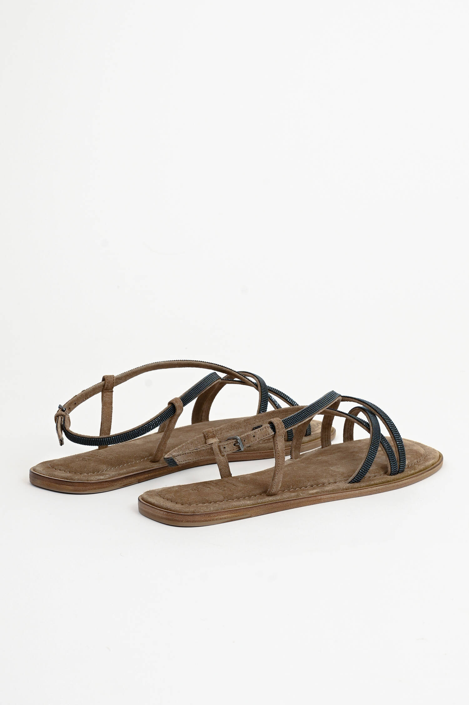Riemchensandalen mit Monili-Perlen in Taupe
