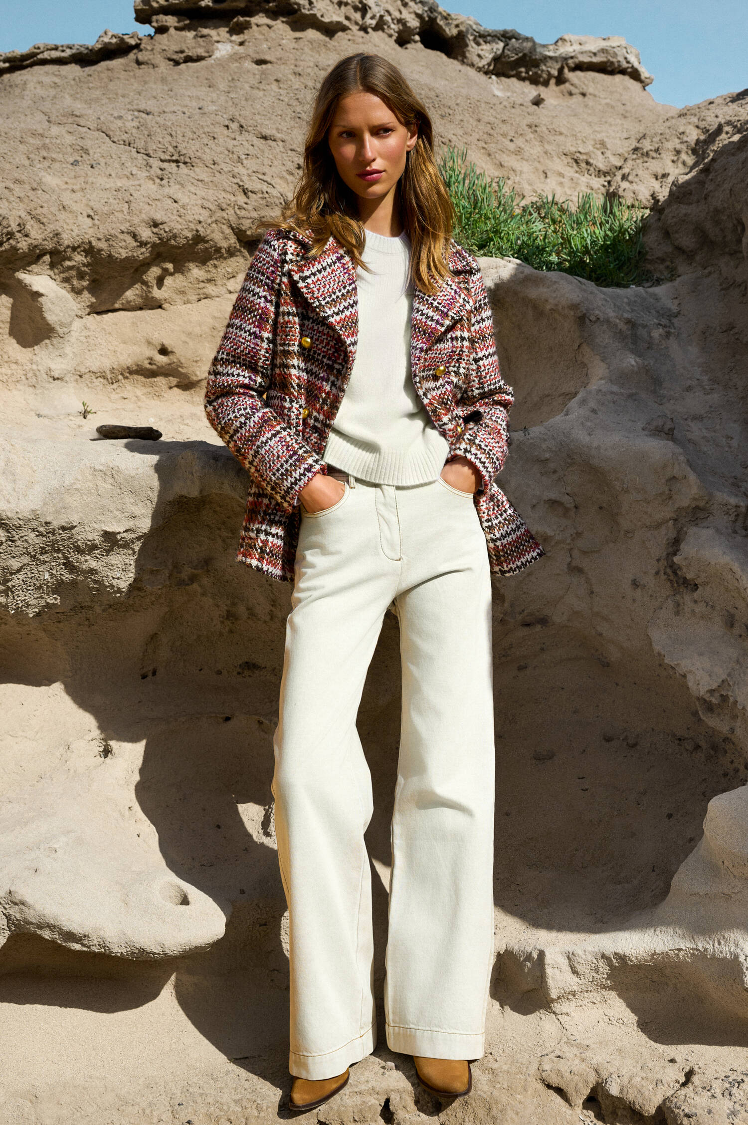 Tweed-Jacke in Rot/Braun/Weiß