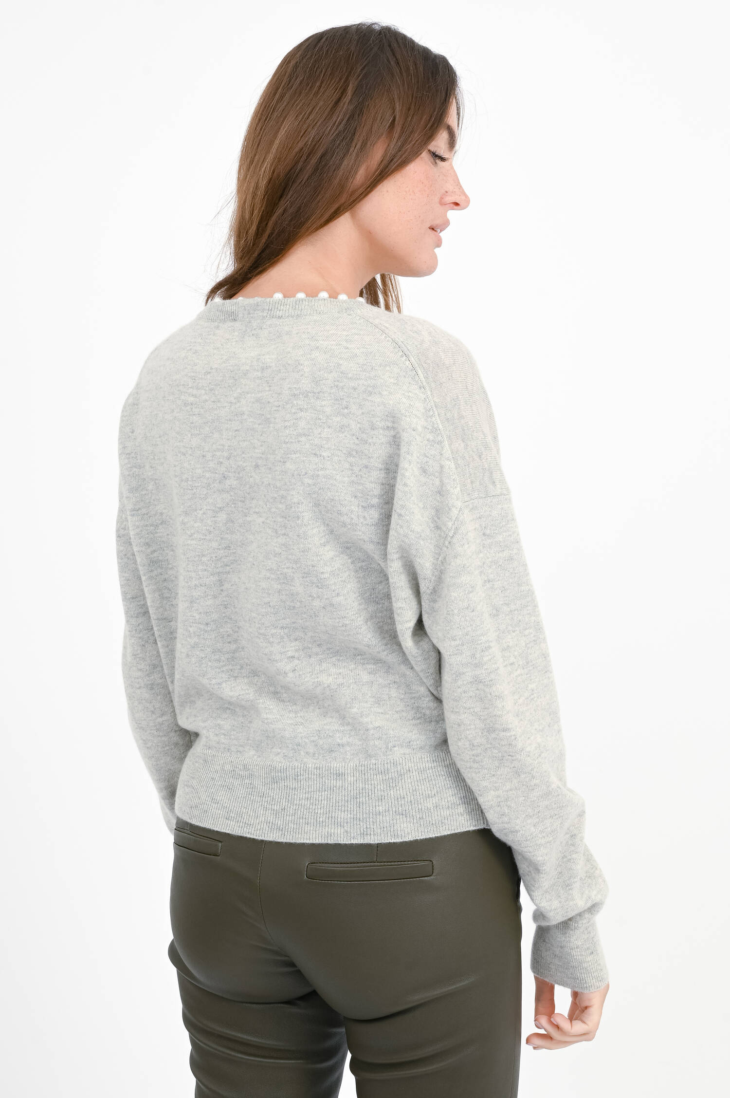 Woll-Cash-Mix Pullover mit Perlen in Hellgrau