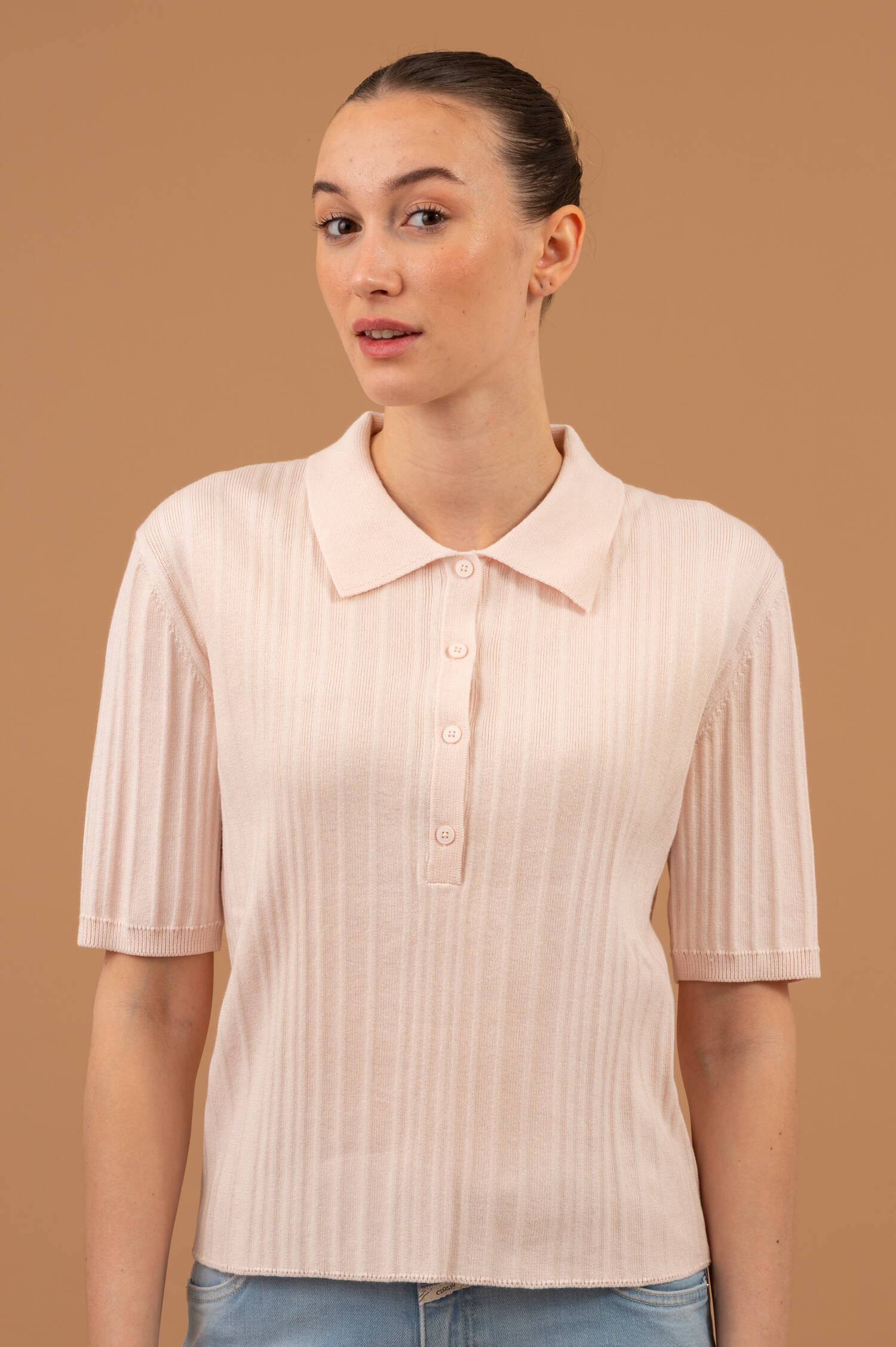 Rippstrick Polo-Shirt in Blush Rosa