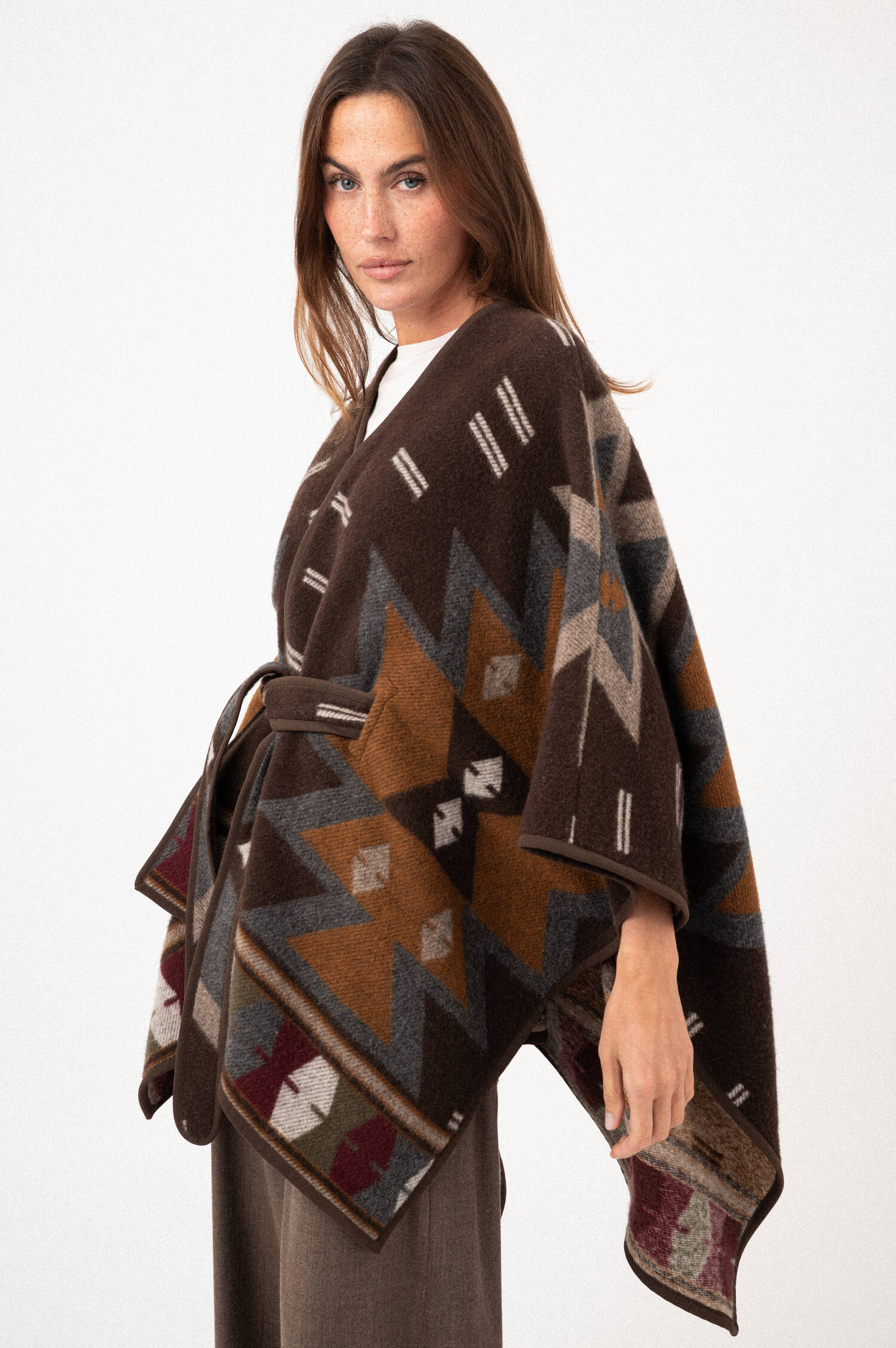 Woll-Mix-Ethno-Poncho in Braun