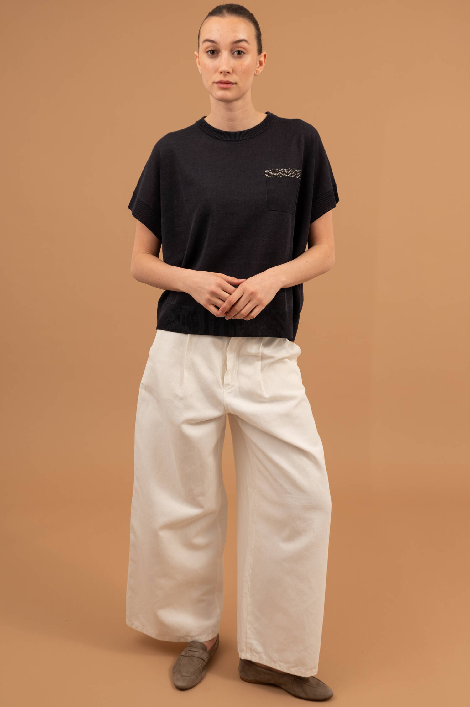 Leinenmix Kurzarm Pullover in Marineblau Leinenmix Kurzarm Pullover in Marineblau