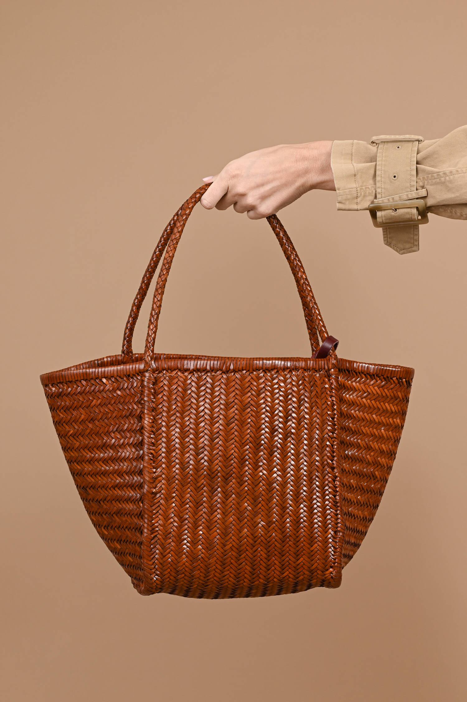 Geflochtener Leder Shopper RUBENS in Cognacbraun