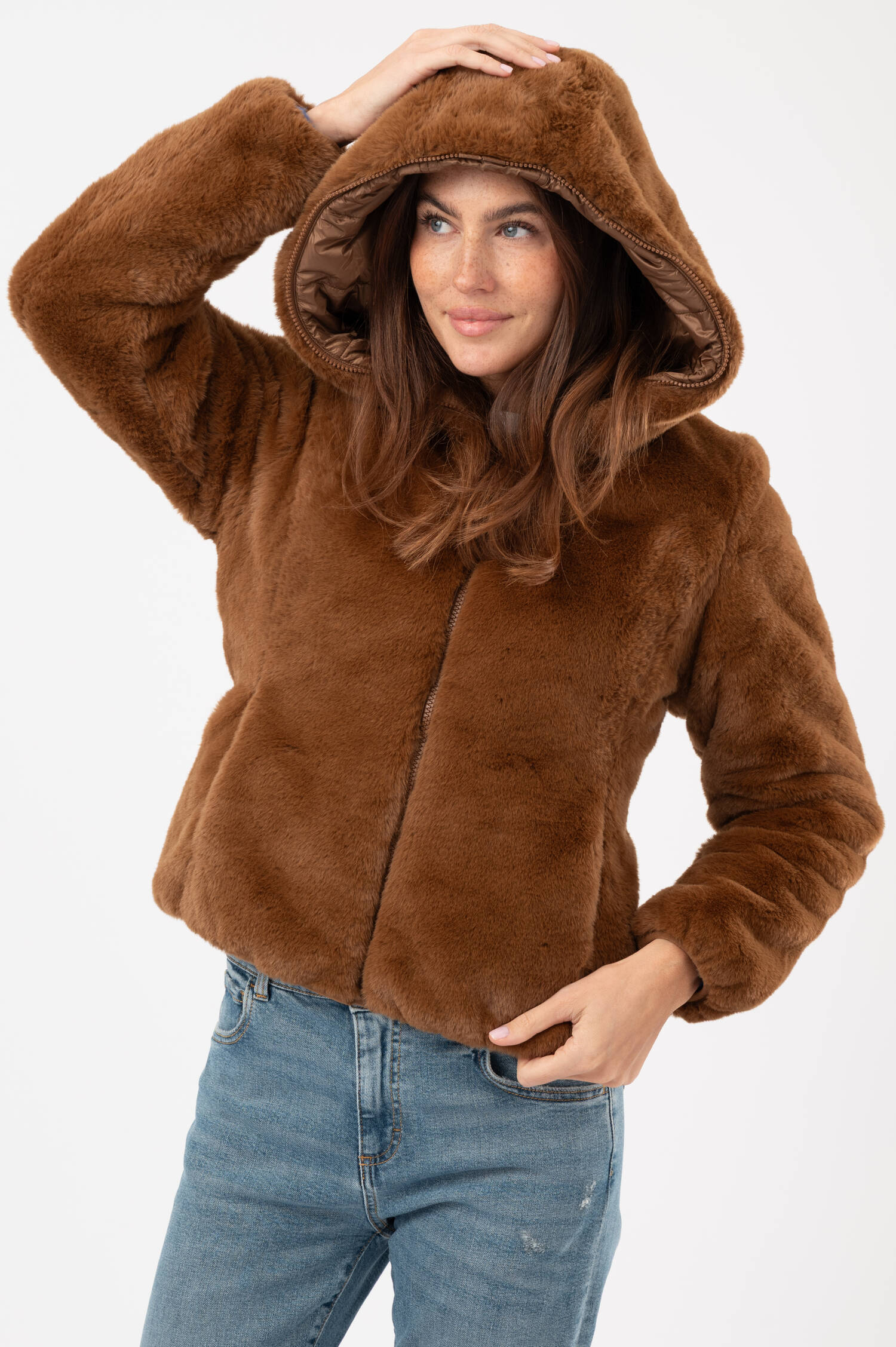 Faux-Fur-Jacke mit Kapuze in Braun Faux-Fur-Jacke mit Kapuze in Braun