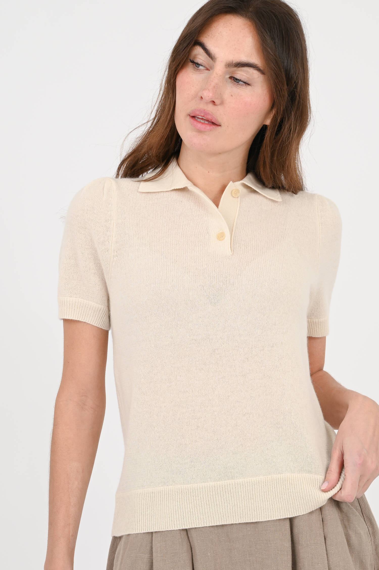 Cashmere Poloshirt mit Puffärmel in Creme Cashmere Poloshirt mit Puffärmel in Creme