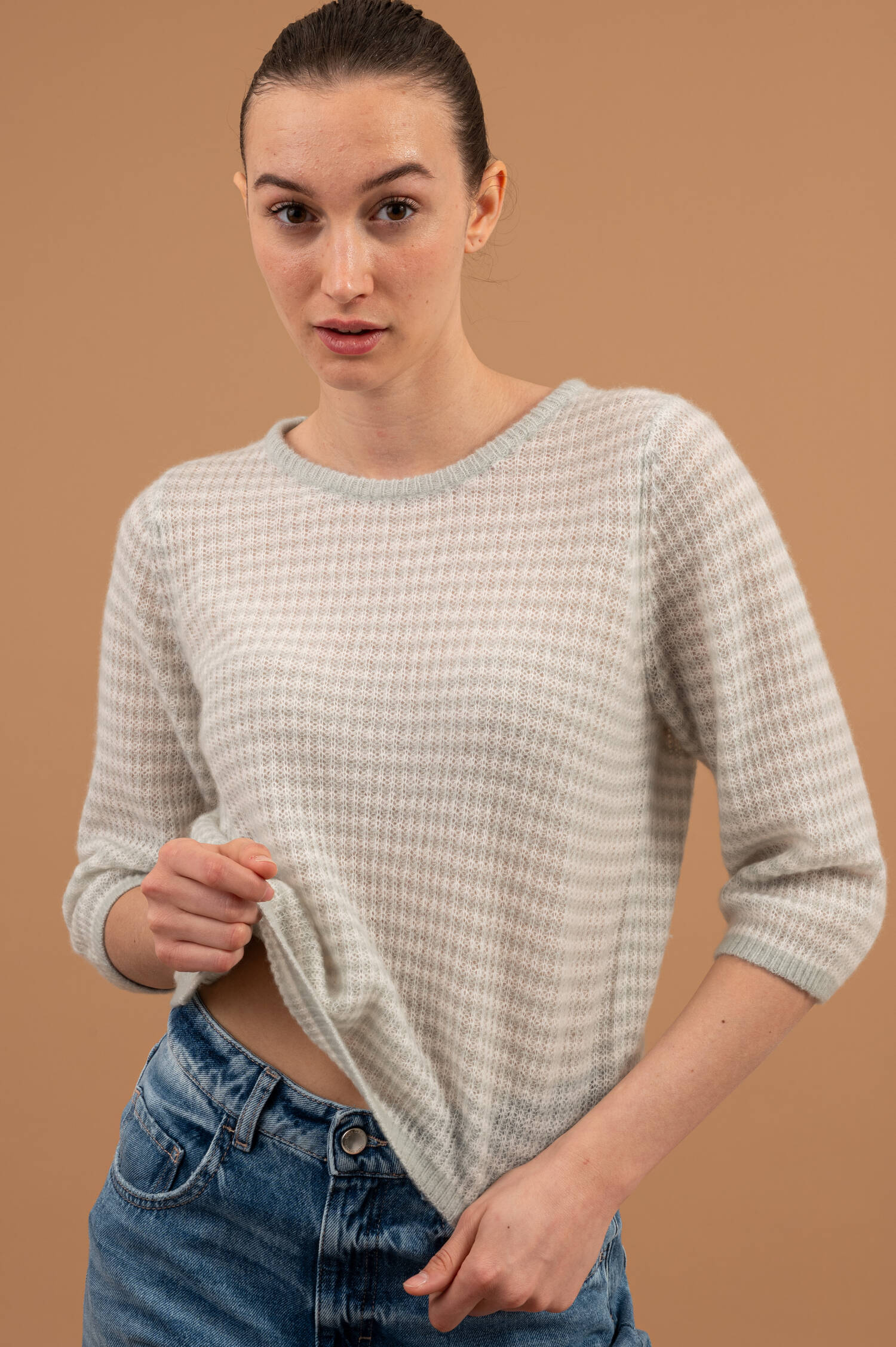 Feinstrick Pullover in Salbeigrün/Weiß gestreift