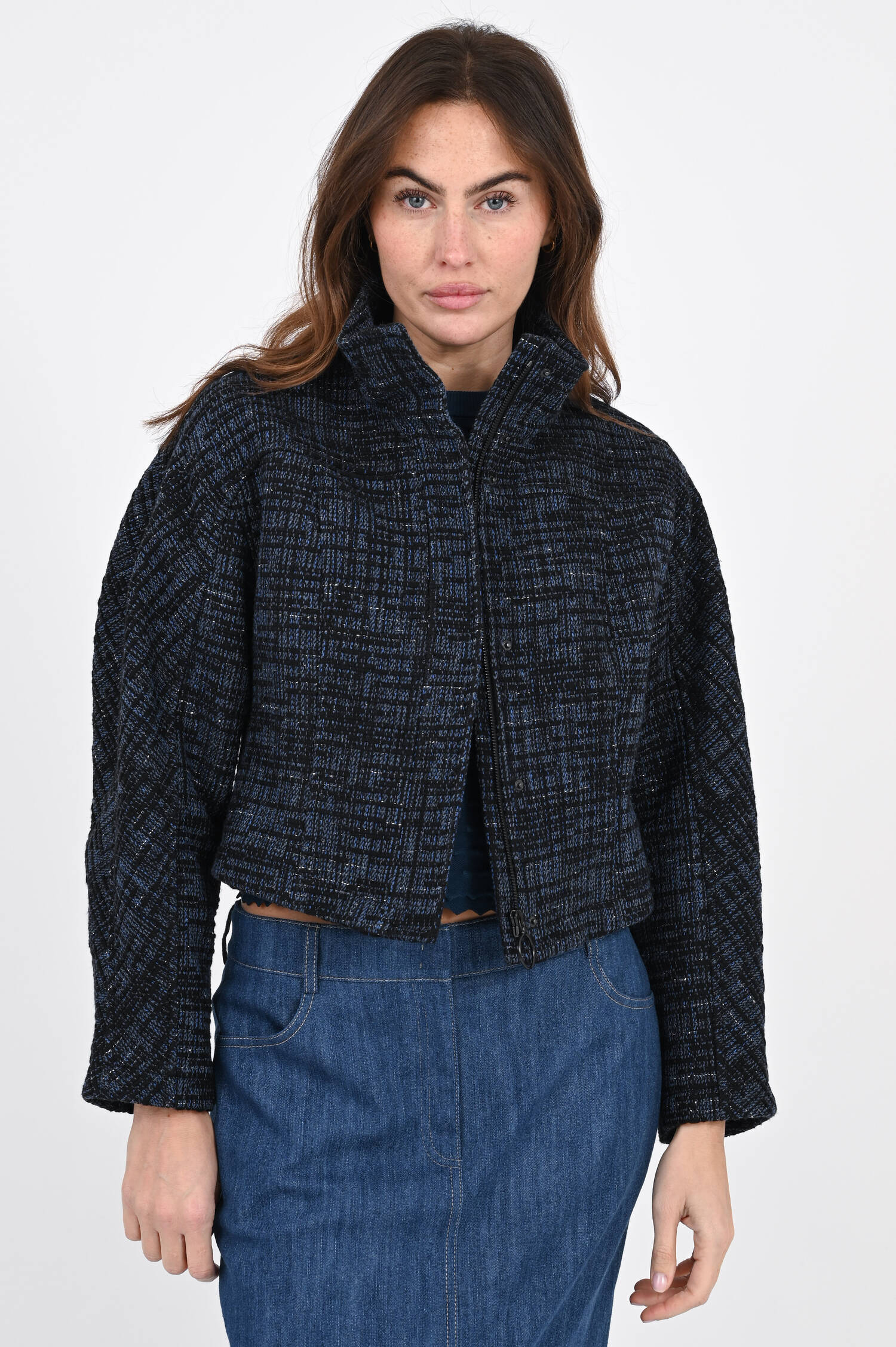 Tweed-Jacke mit Stehkragen in Blue Denim