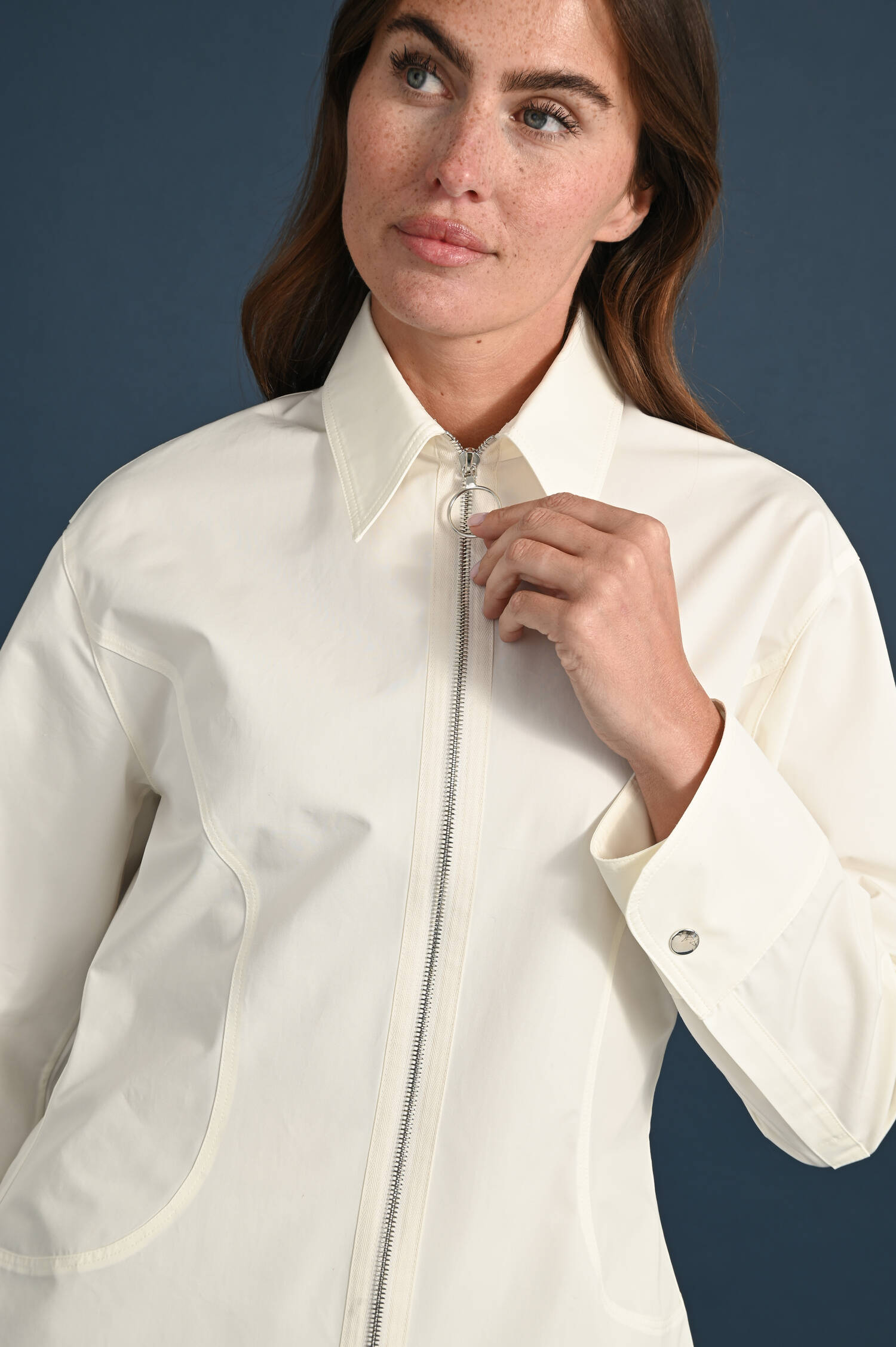 Baumwoll Bluse mit Zipper in Cream