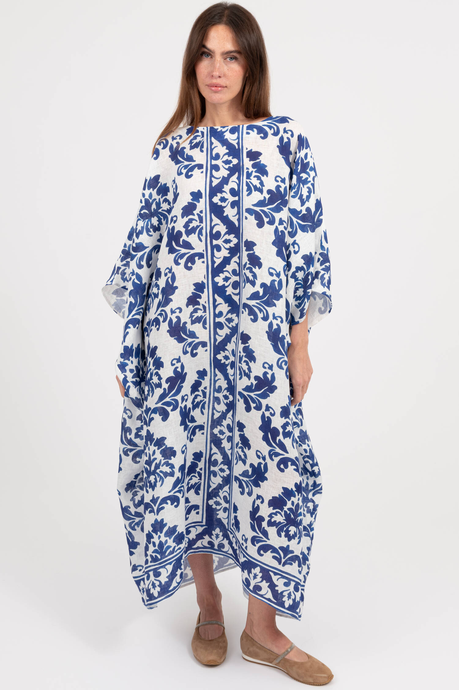 Leinen Tunika mit Print in Weiß/Blau