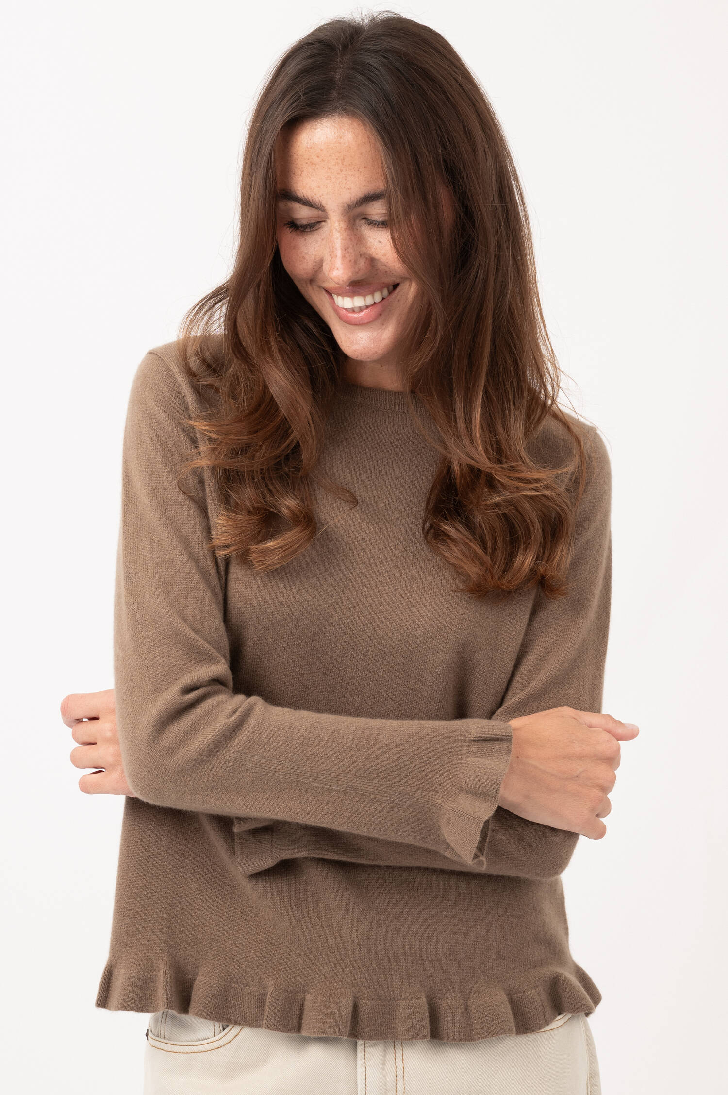 Cashmere-Pullover mit Rüschen in Braun