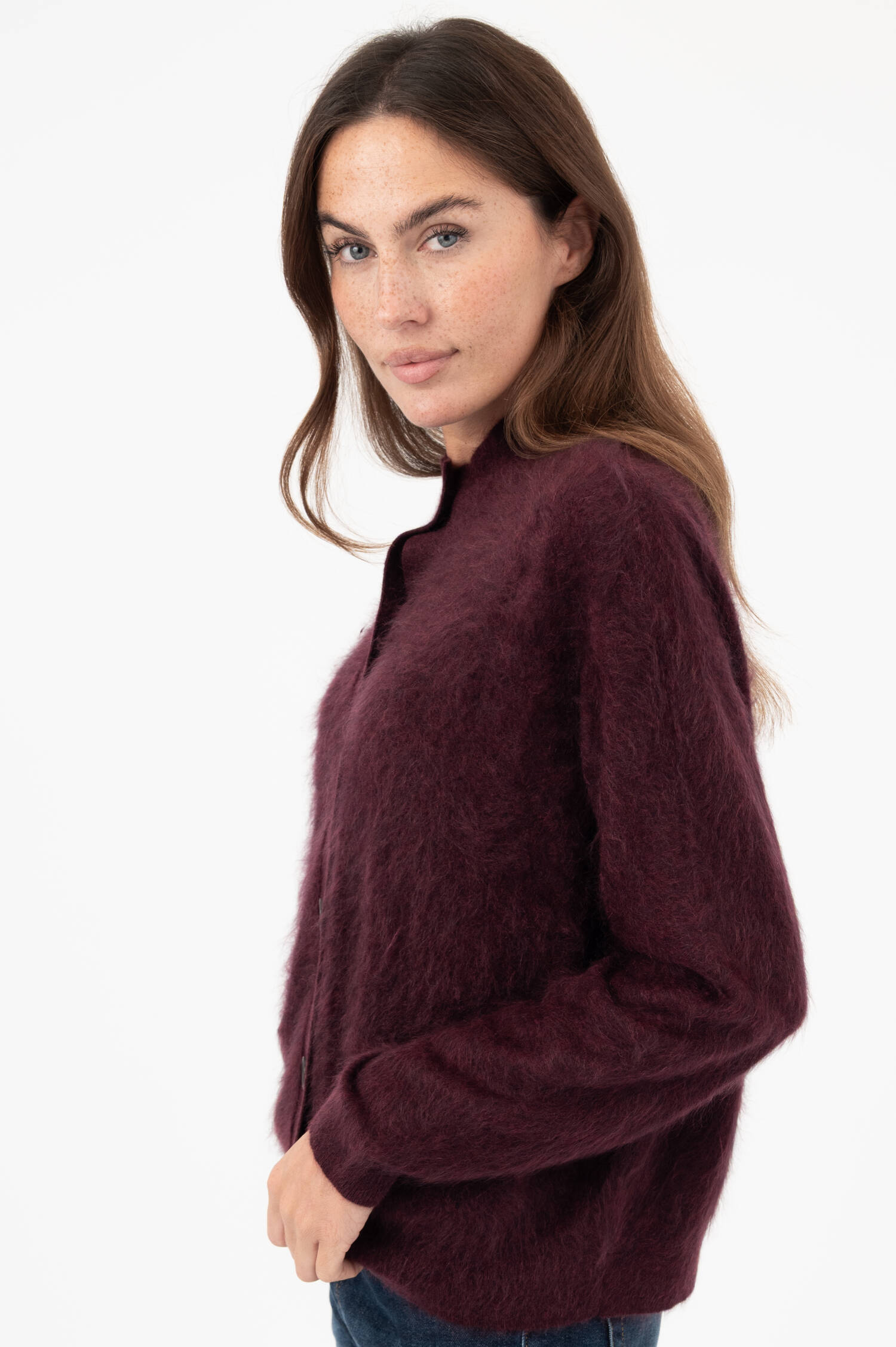 Hairy-Cashmere-Stehkragen-Cardigan in Beerenrot