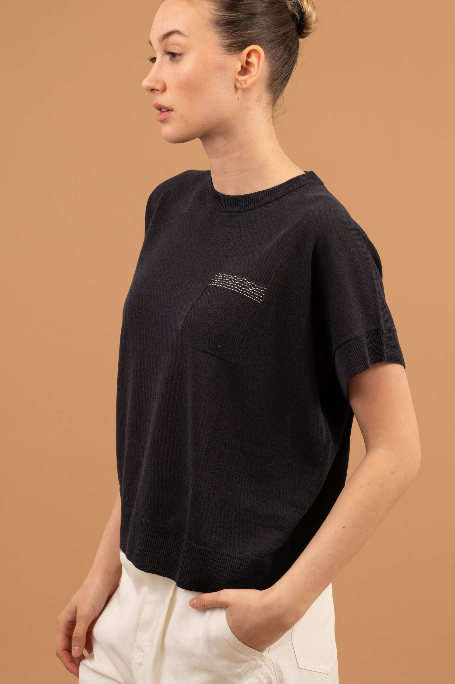 Leinenmix Kurzarm Pullover in Marineblau Leinenmix Kurzarm Pullover in Marineblau