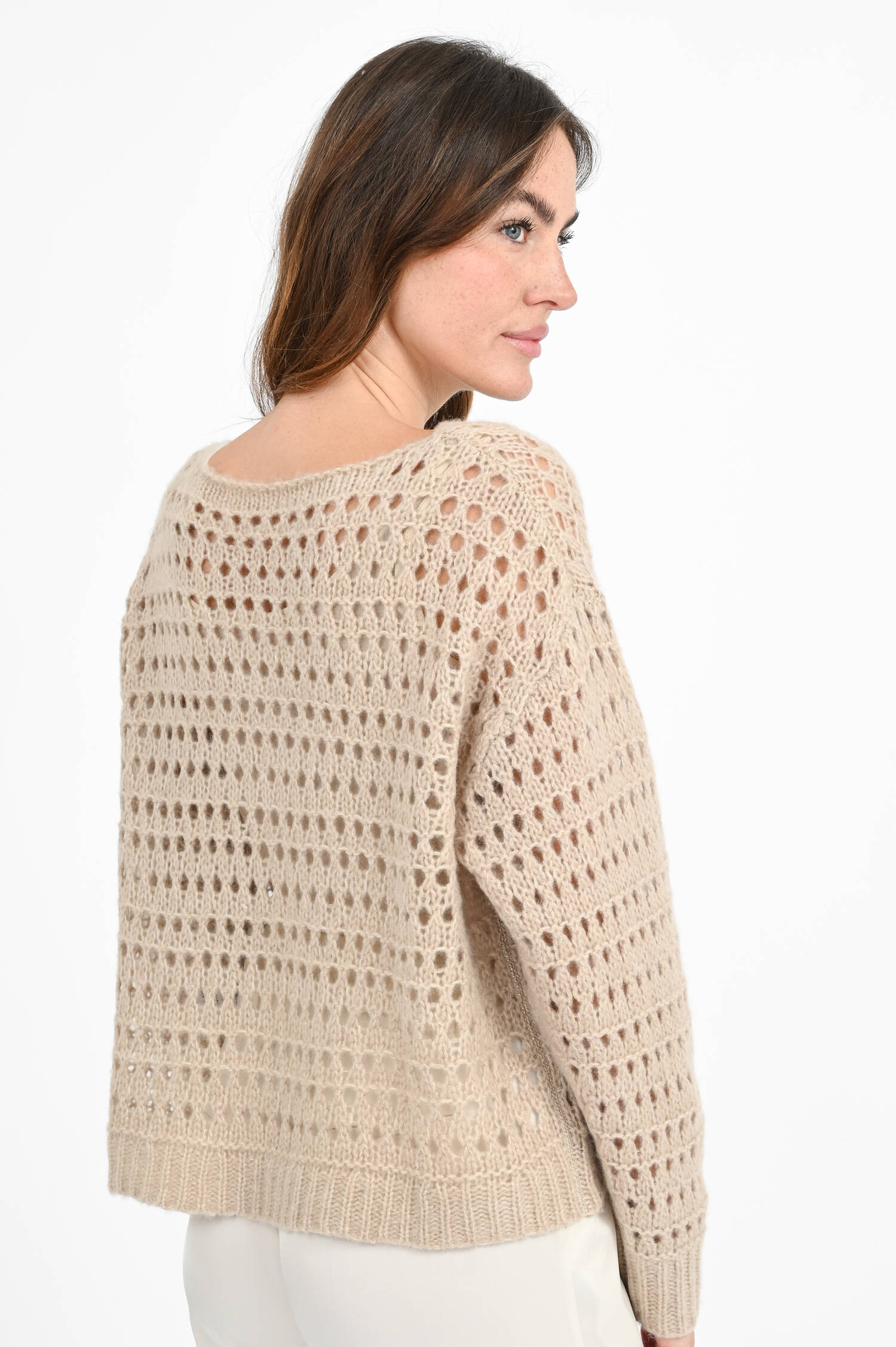 Lochstickerei-Pullover aus Cashmere-Mix in Beige
